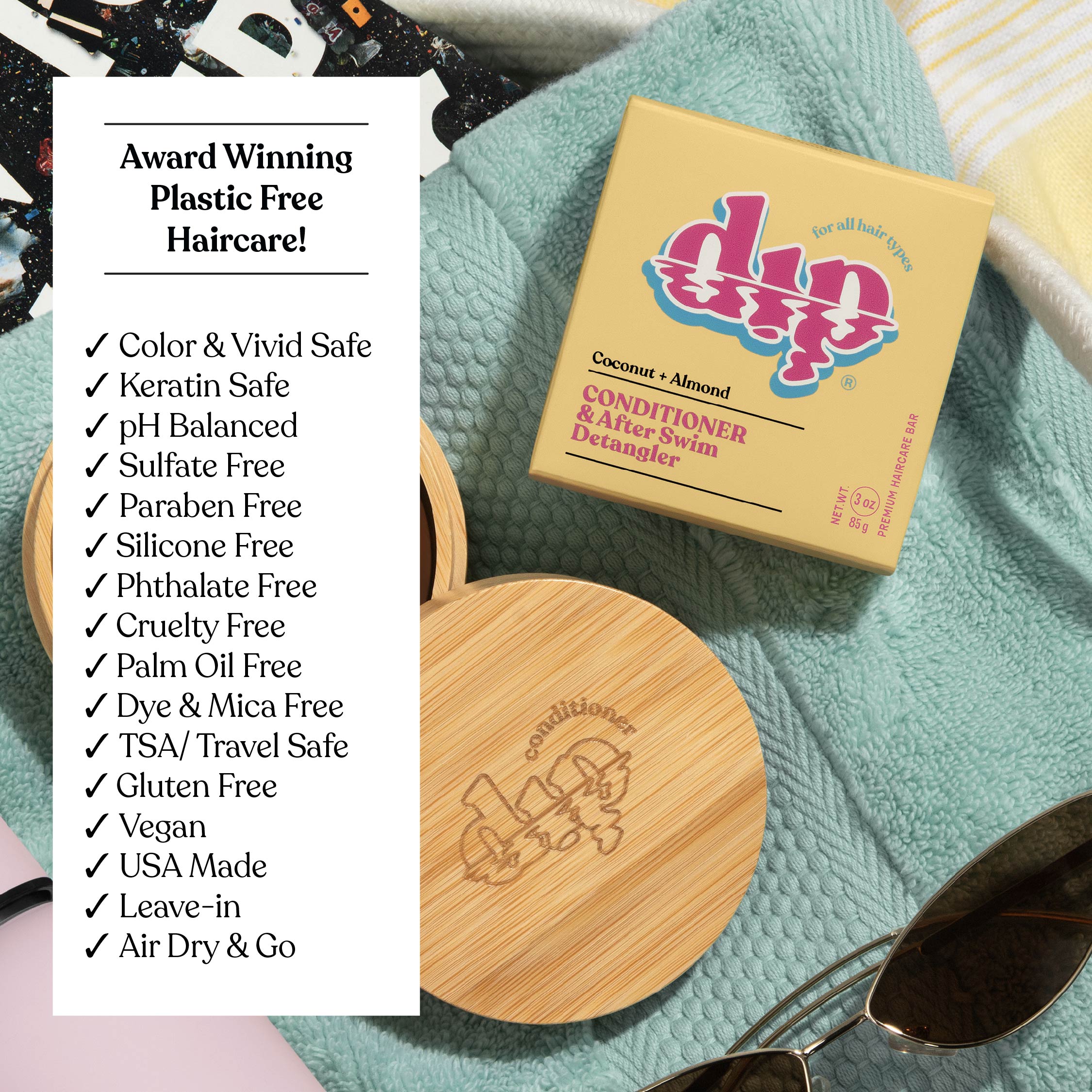Box of 'dip' haircare product with wooden lid on a towel, surrounded by text highlighting features.
