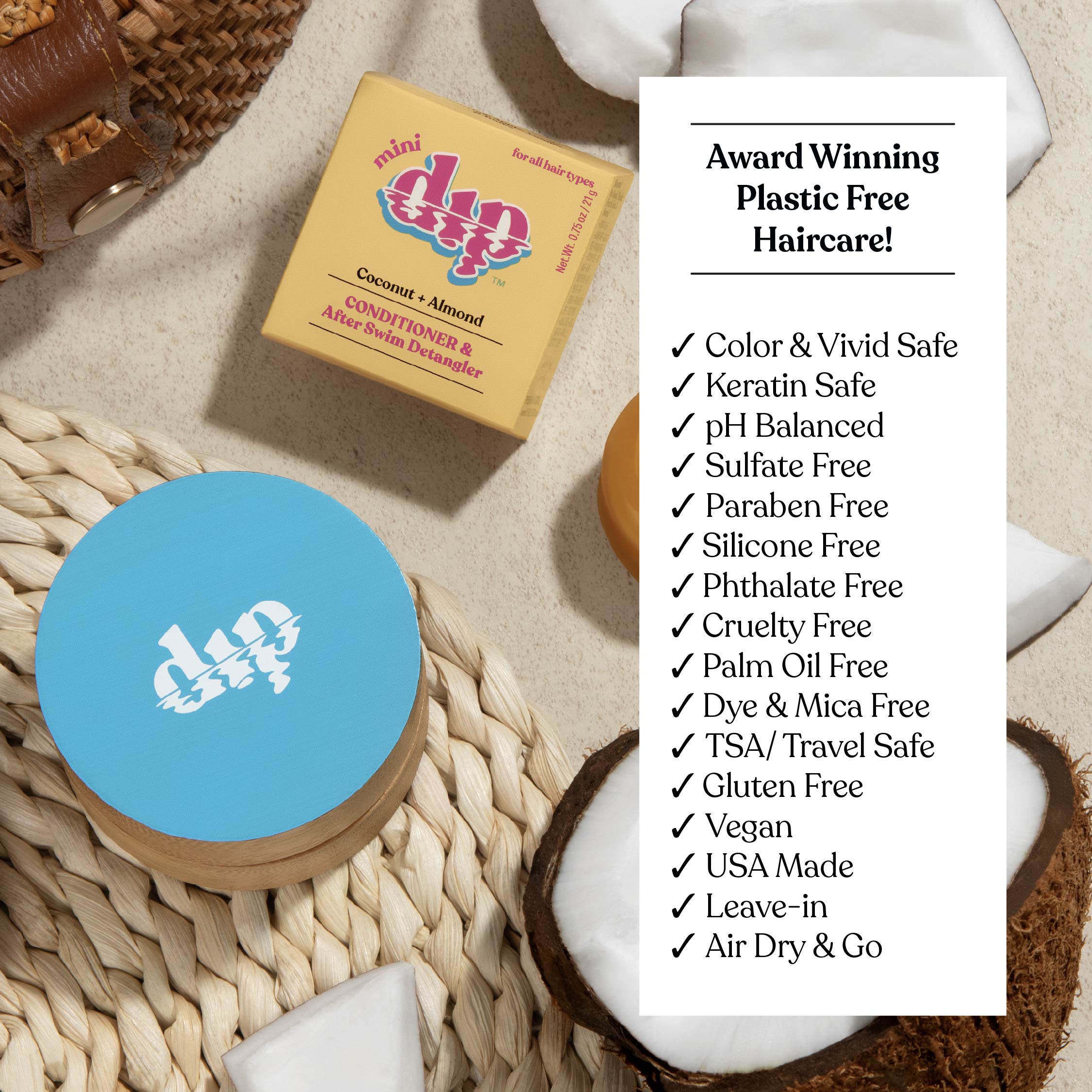 Hair care product packaging with a list of features on a textured surface.