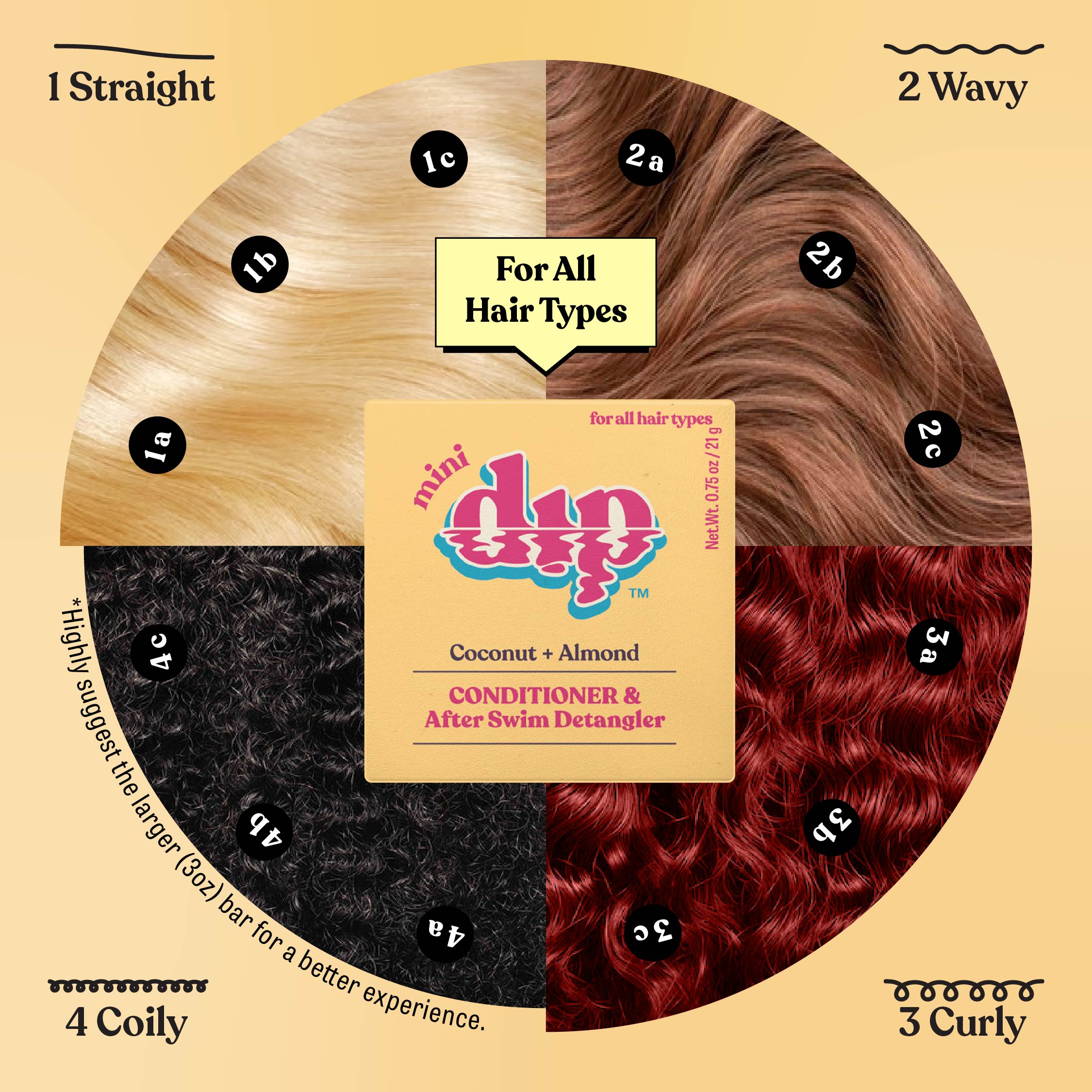 Duo pack of mini dip hair care products with hair type chart on a beige background