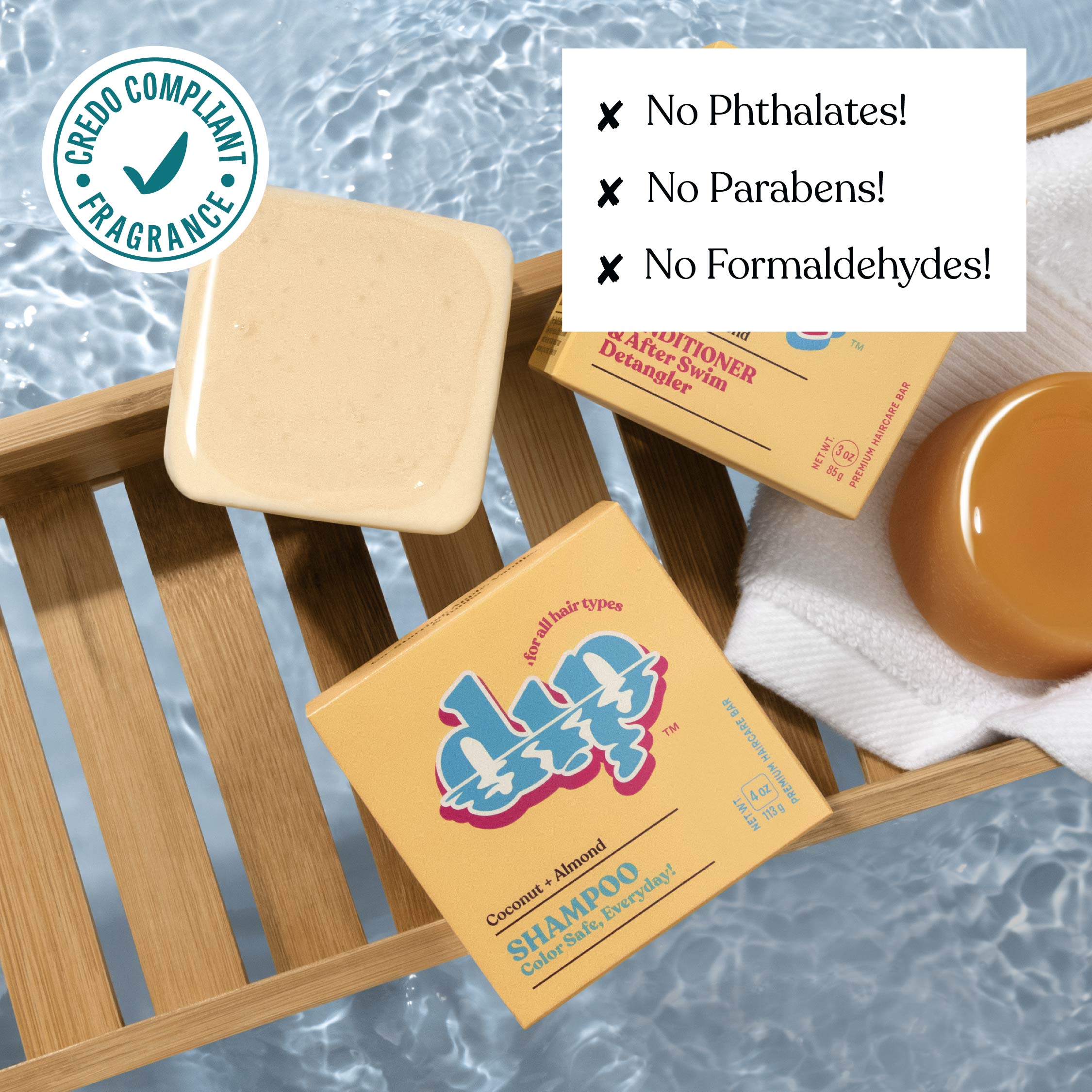 Bar of soap on a wooden tray with a focus on natural ingredients and product safety claims.