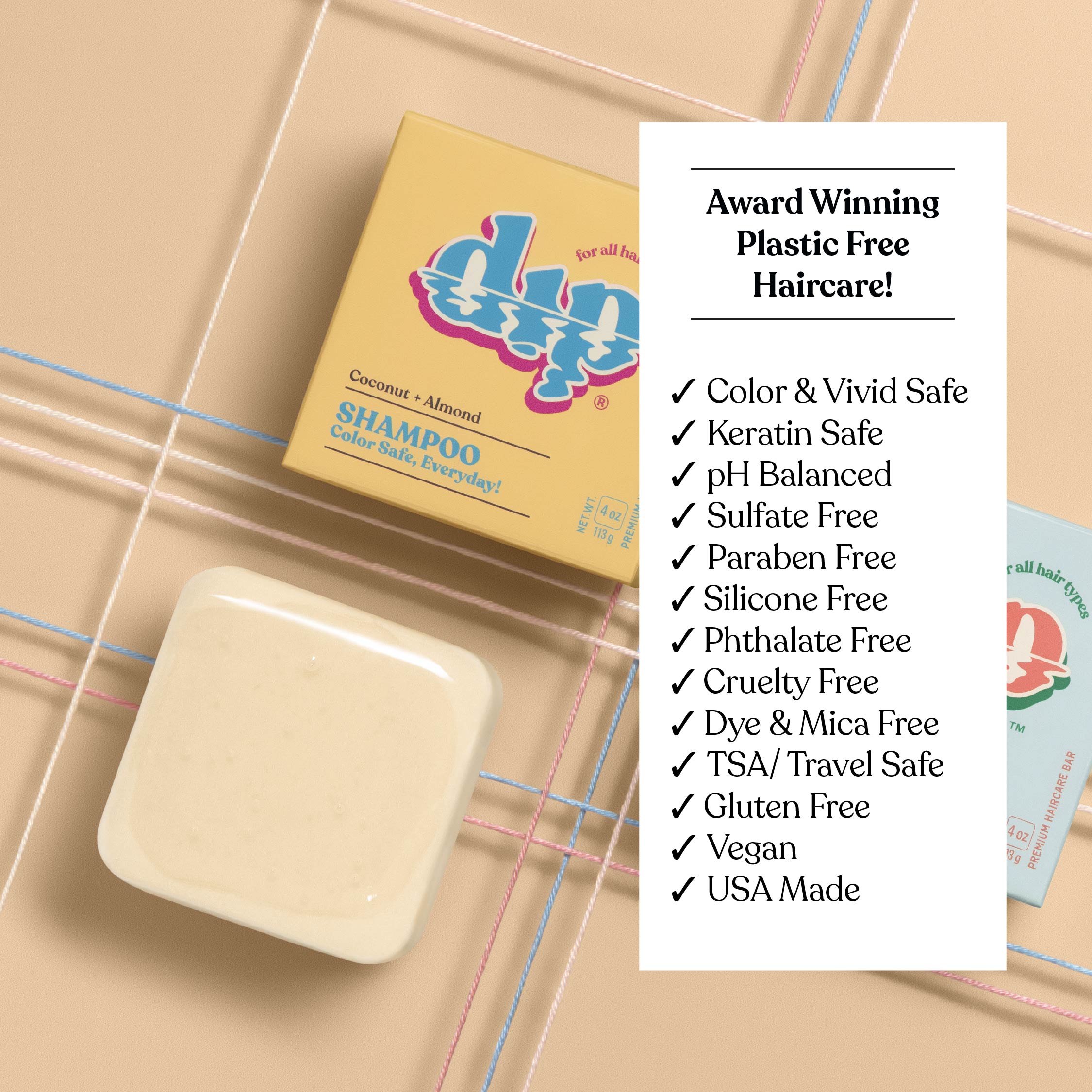 Bar of soap and shampoo box with 'Dap' branding on a beige background, featuring text about product features.