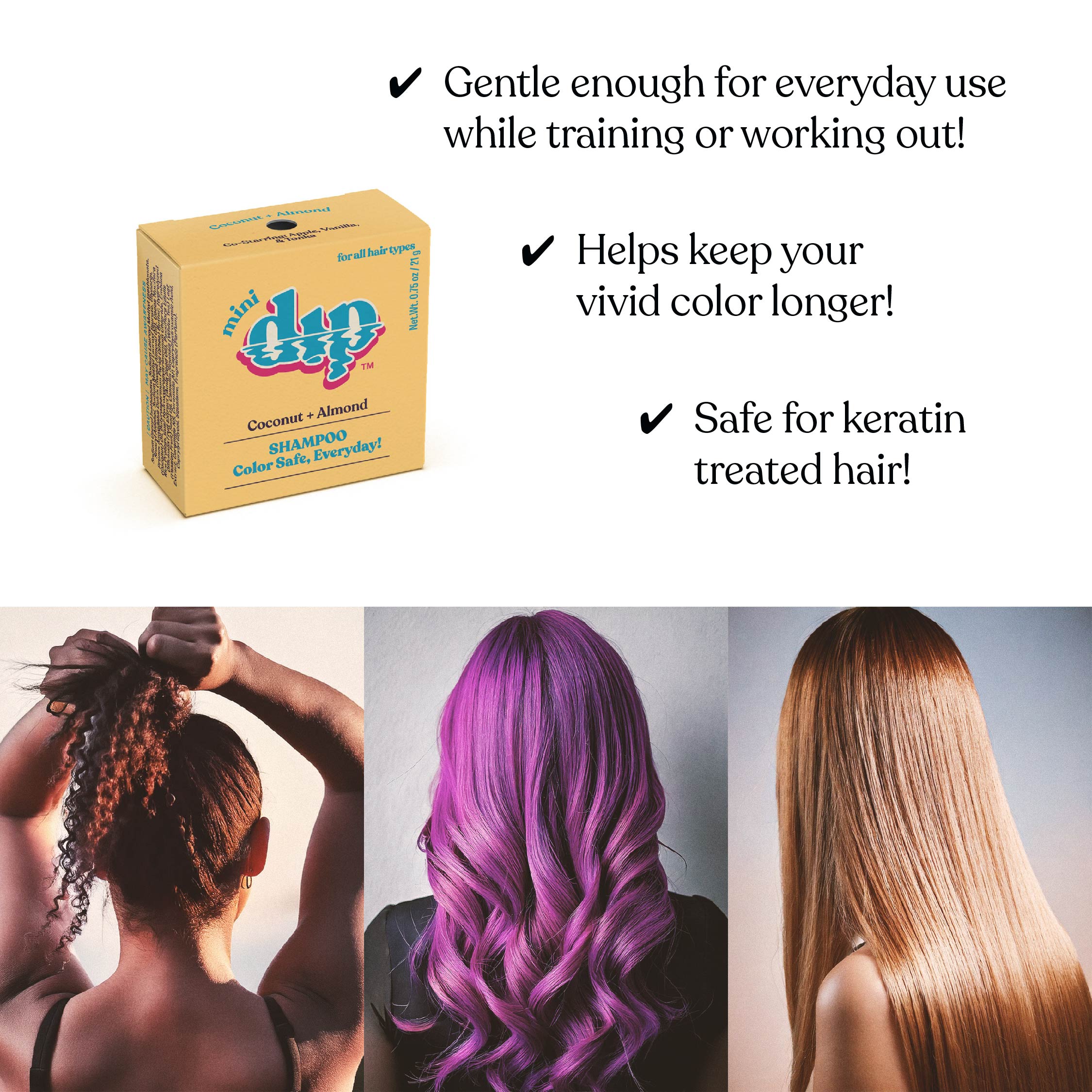 Box of 'Red Dip' hair care product with text about its benefits and images of people with styled hair.