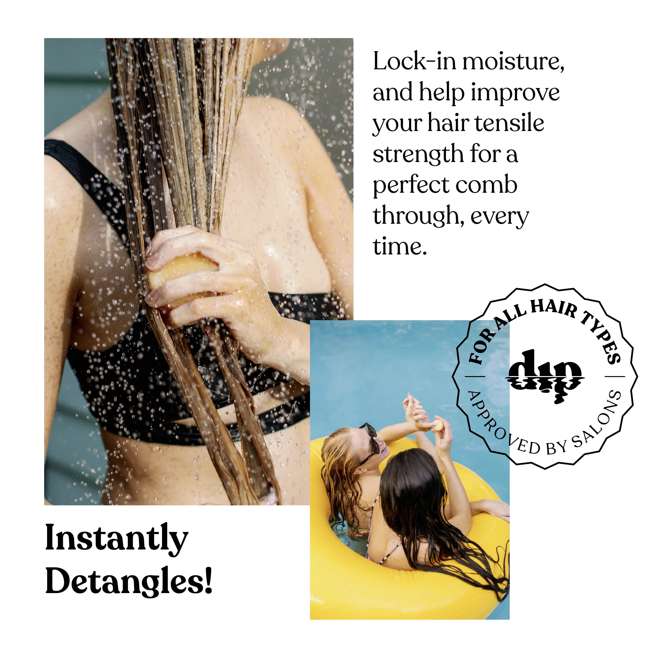 Advertisement for hair care product with text and images of people using the product.