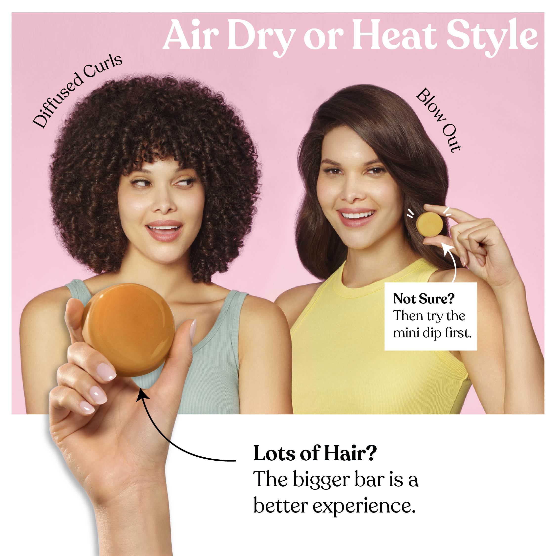 Two women holding hair products with text on a pink background