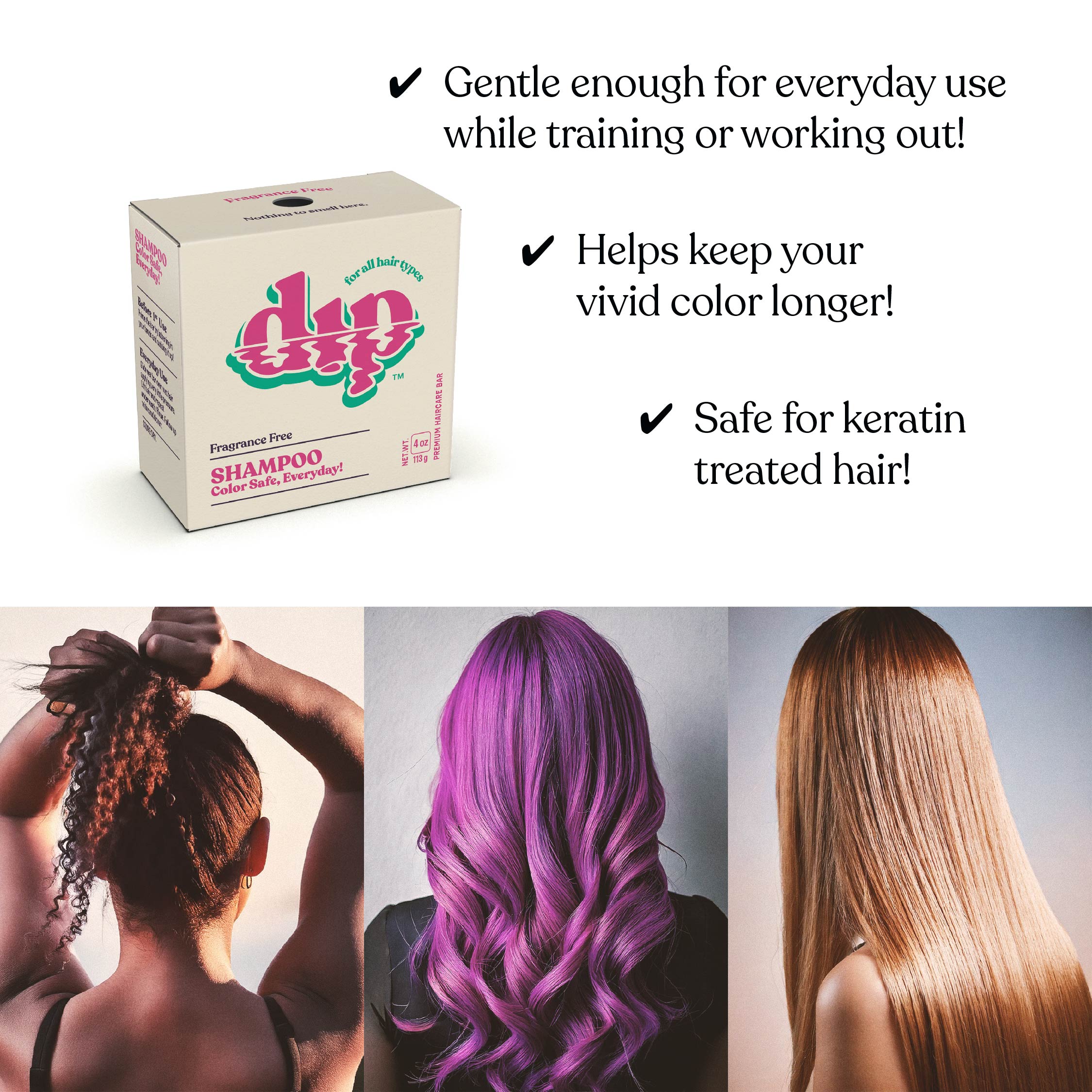 Dip Drip shampoo box with hair care benefits and images of people with colored hair.