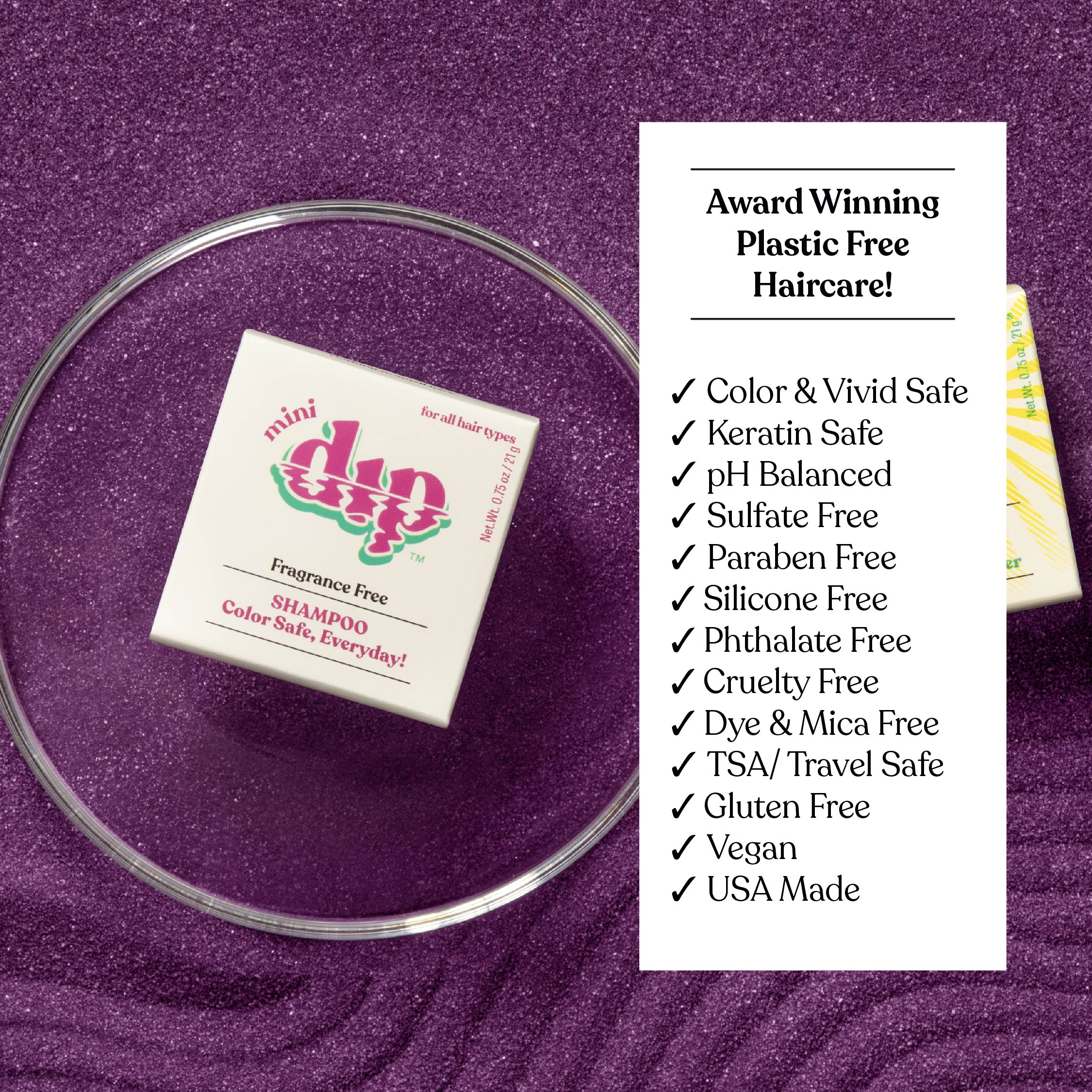 Mini Dip Dip shampoo bar packaging on a purple background with product features listed.