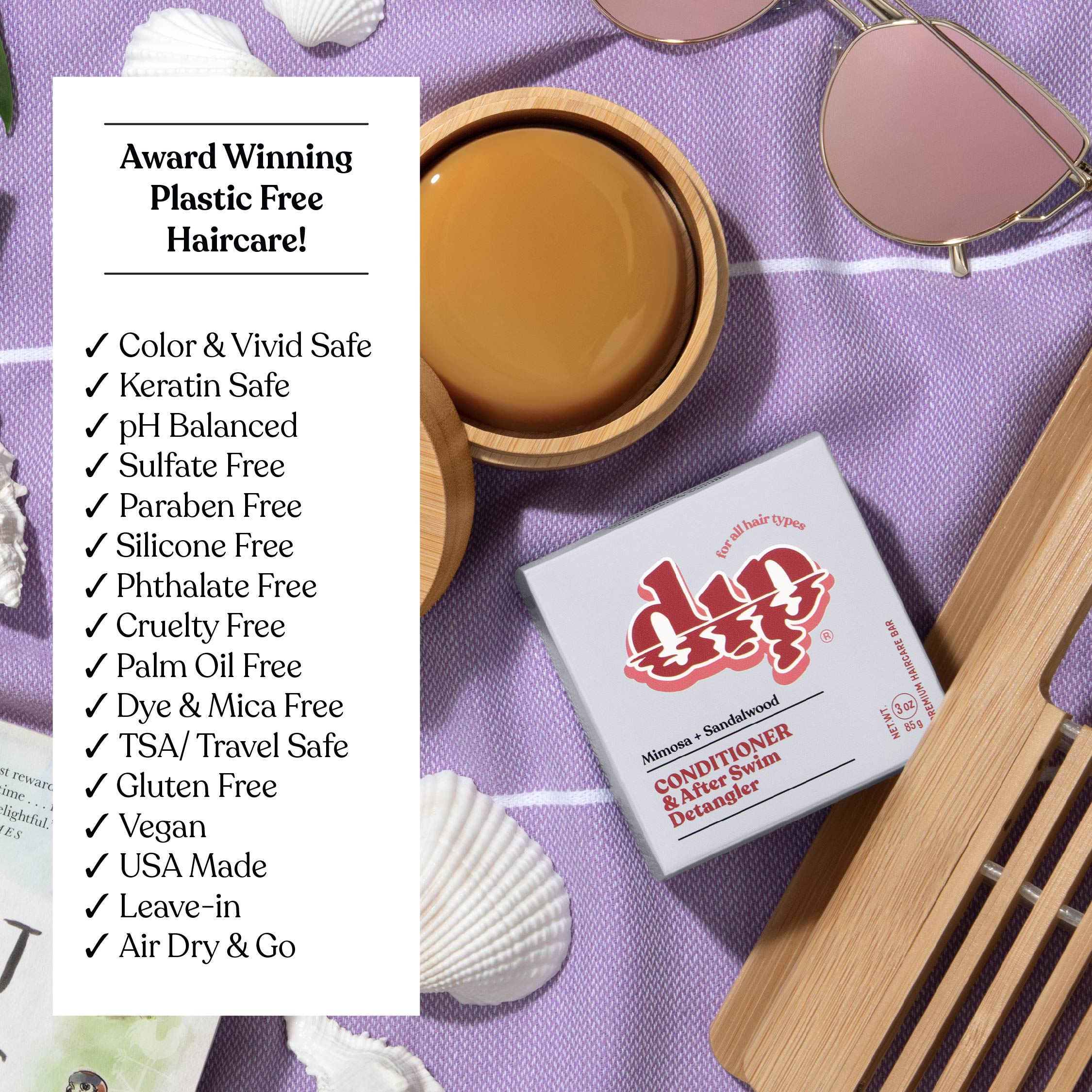 Product packaging with a list of features on a purple background with sunglasses and shells.