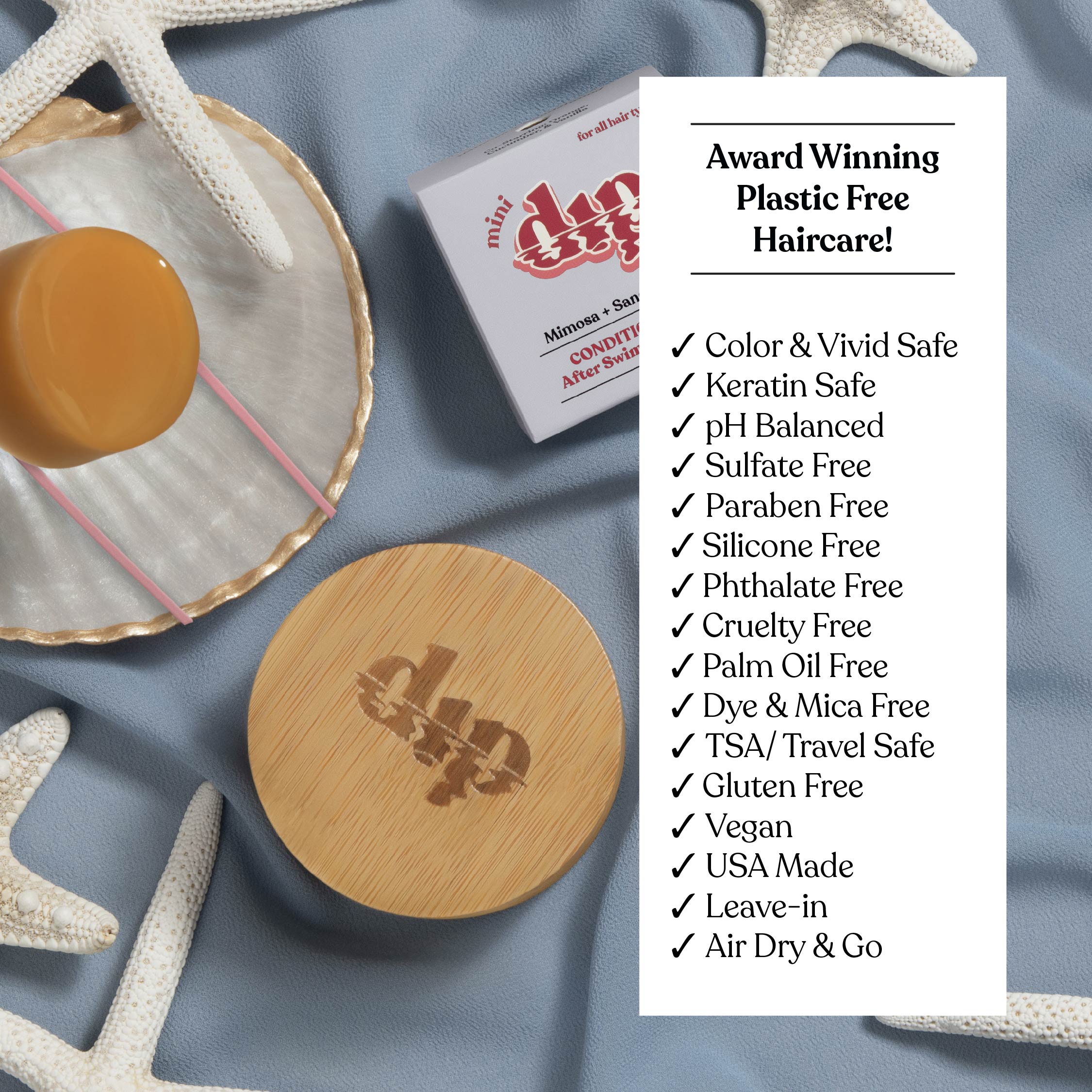 Product packaging with wooden lid and box on a textured surface, featuring 'dip & dry' branding.