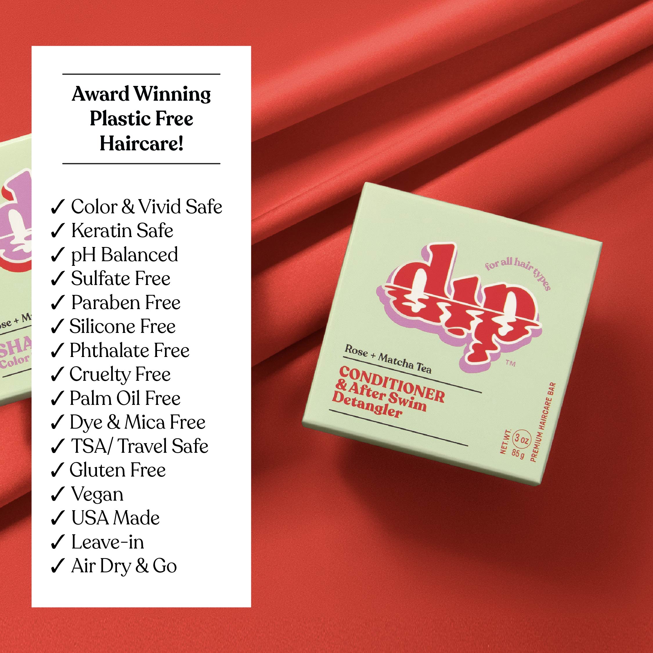 Box of Dap haircare product with list of features on a red background