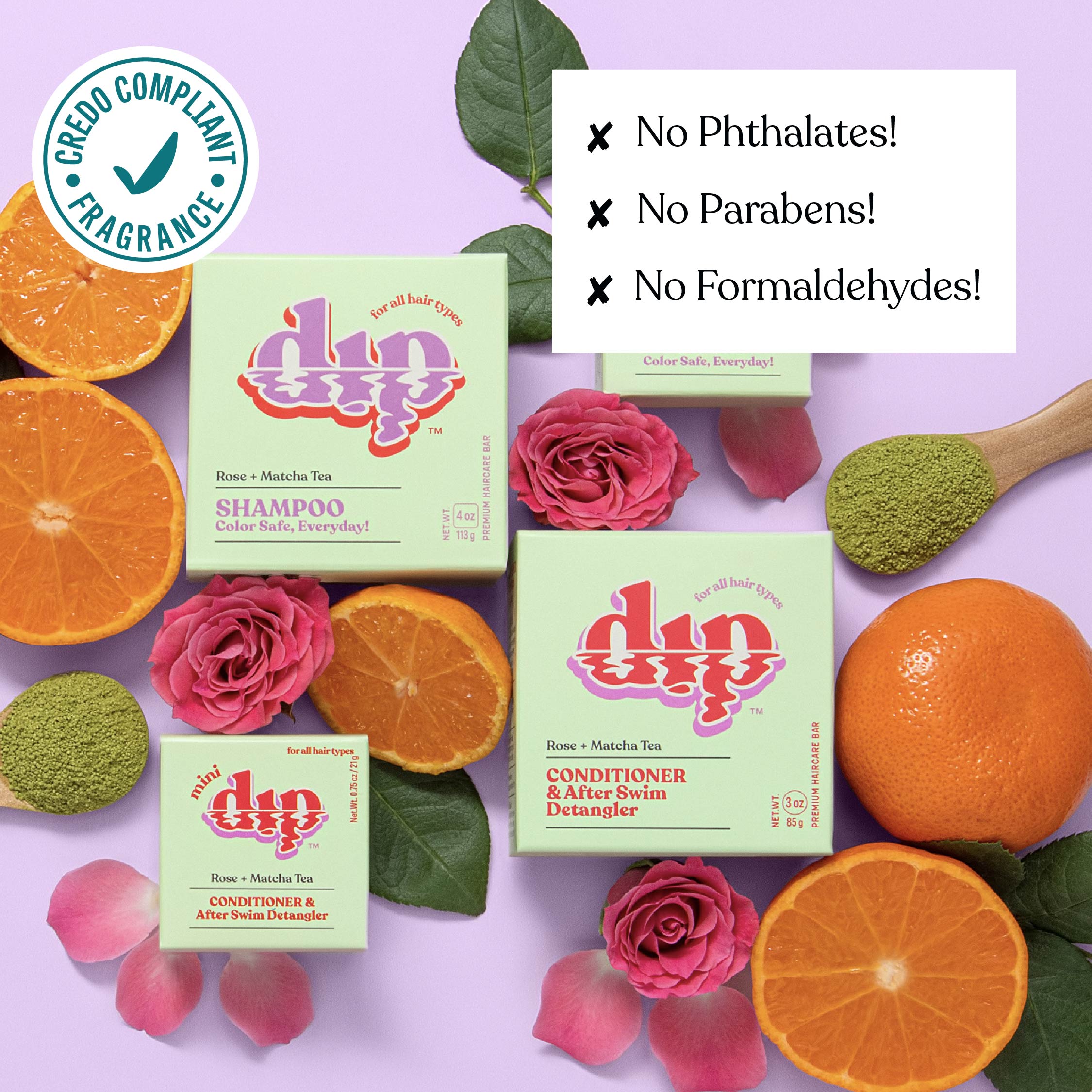 dip shampoo and conditioner boxes with oranges and roses on a purple background