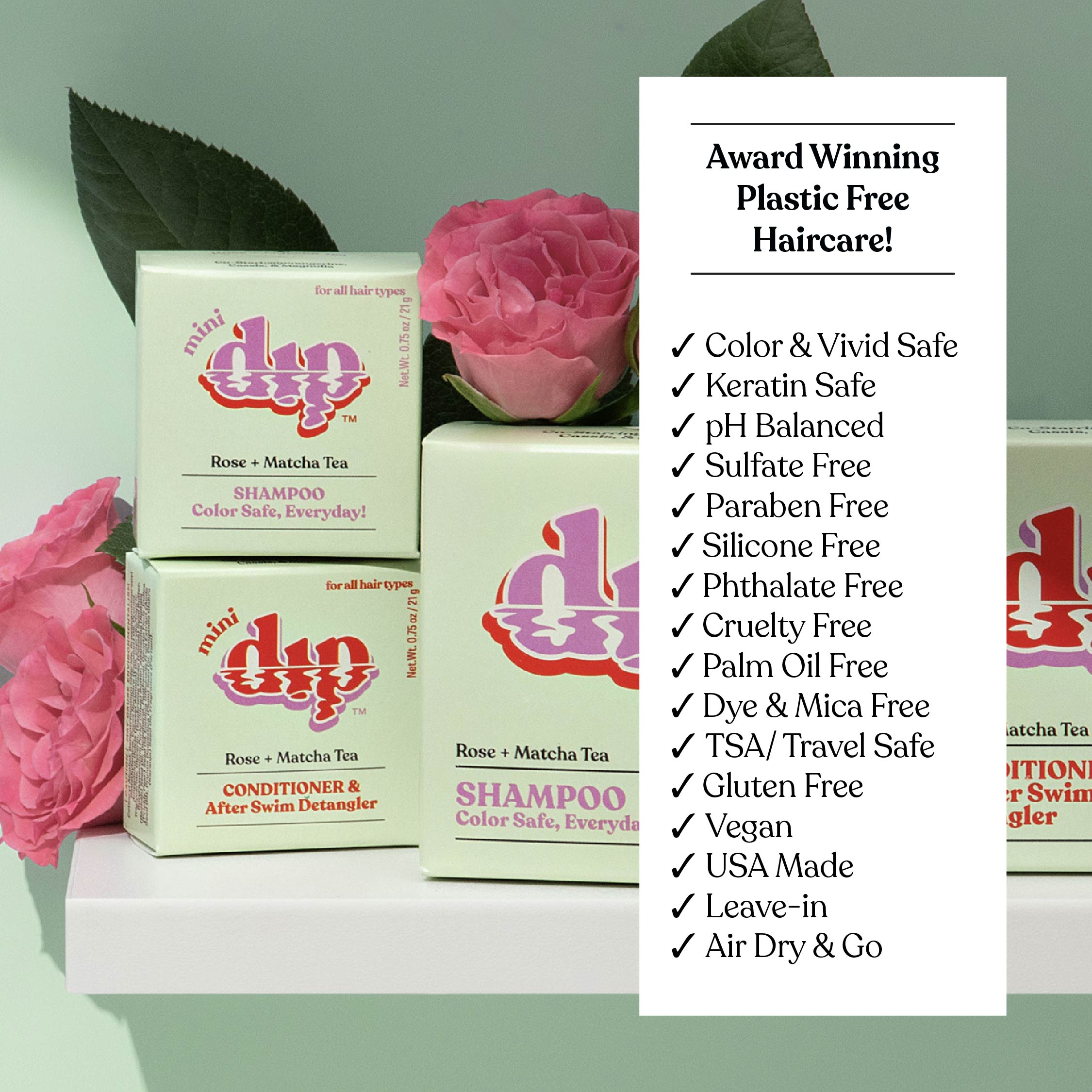 Dip & Dip hair care product boxes with pink roses on a light green background