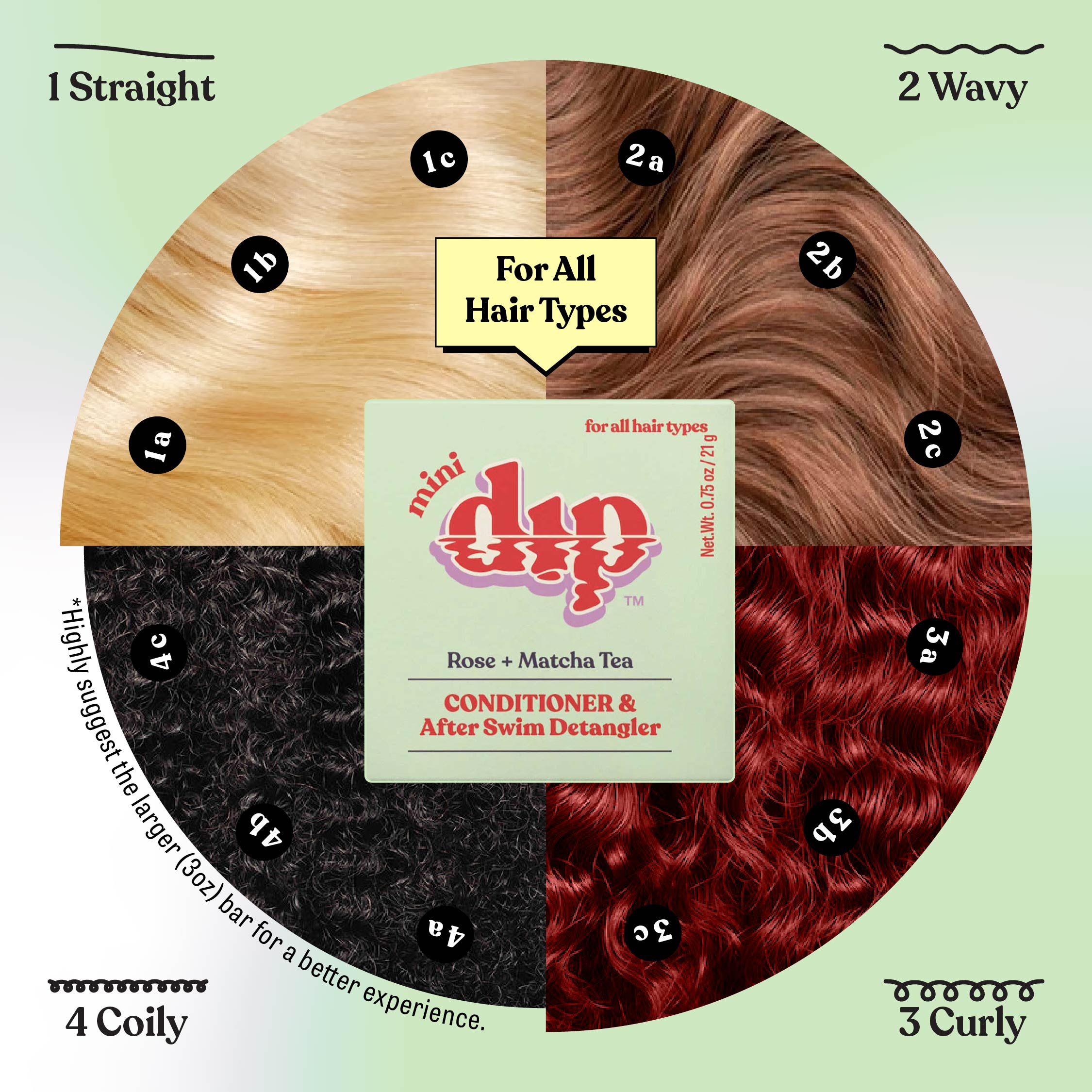 Hair type chart with different hair textures and a mini dup conditioner bar in the center.