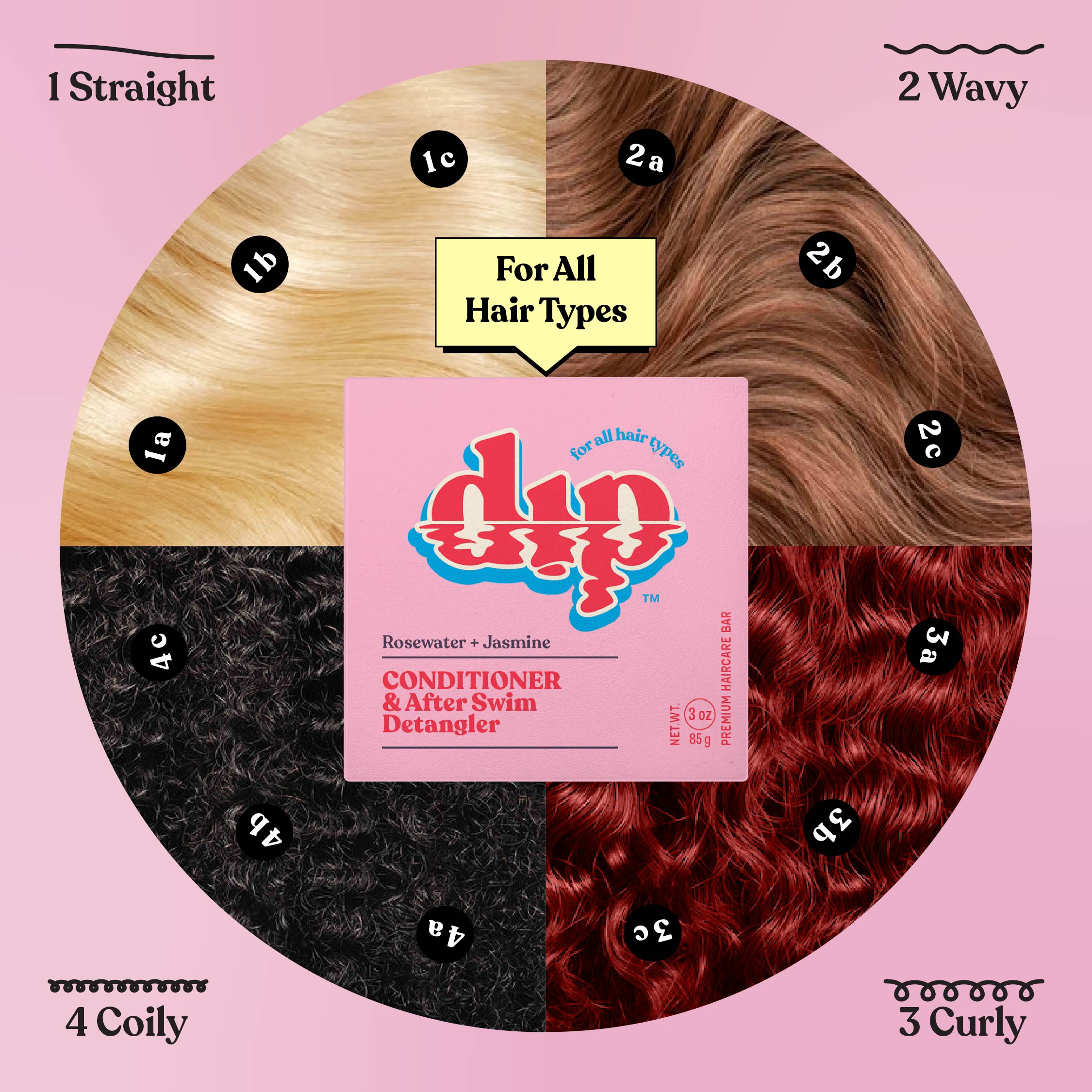 Dip hair care product packaging with hair type chart on a pink background