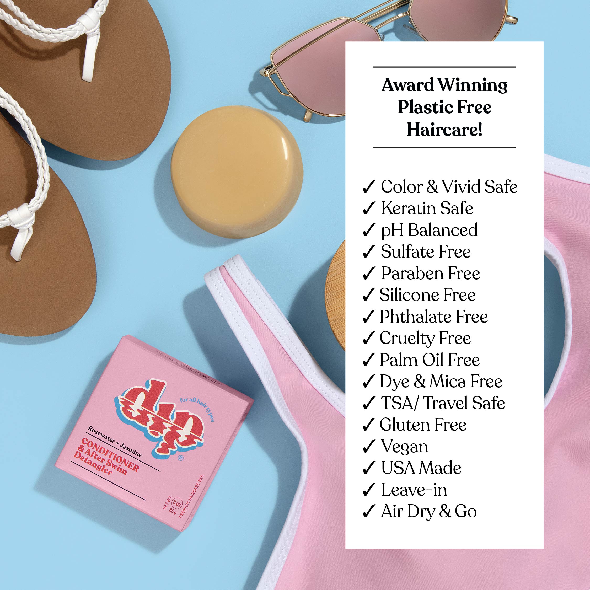 Product packaging with a list of benefits on a blue background