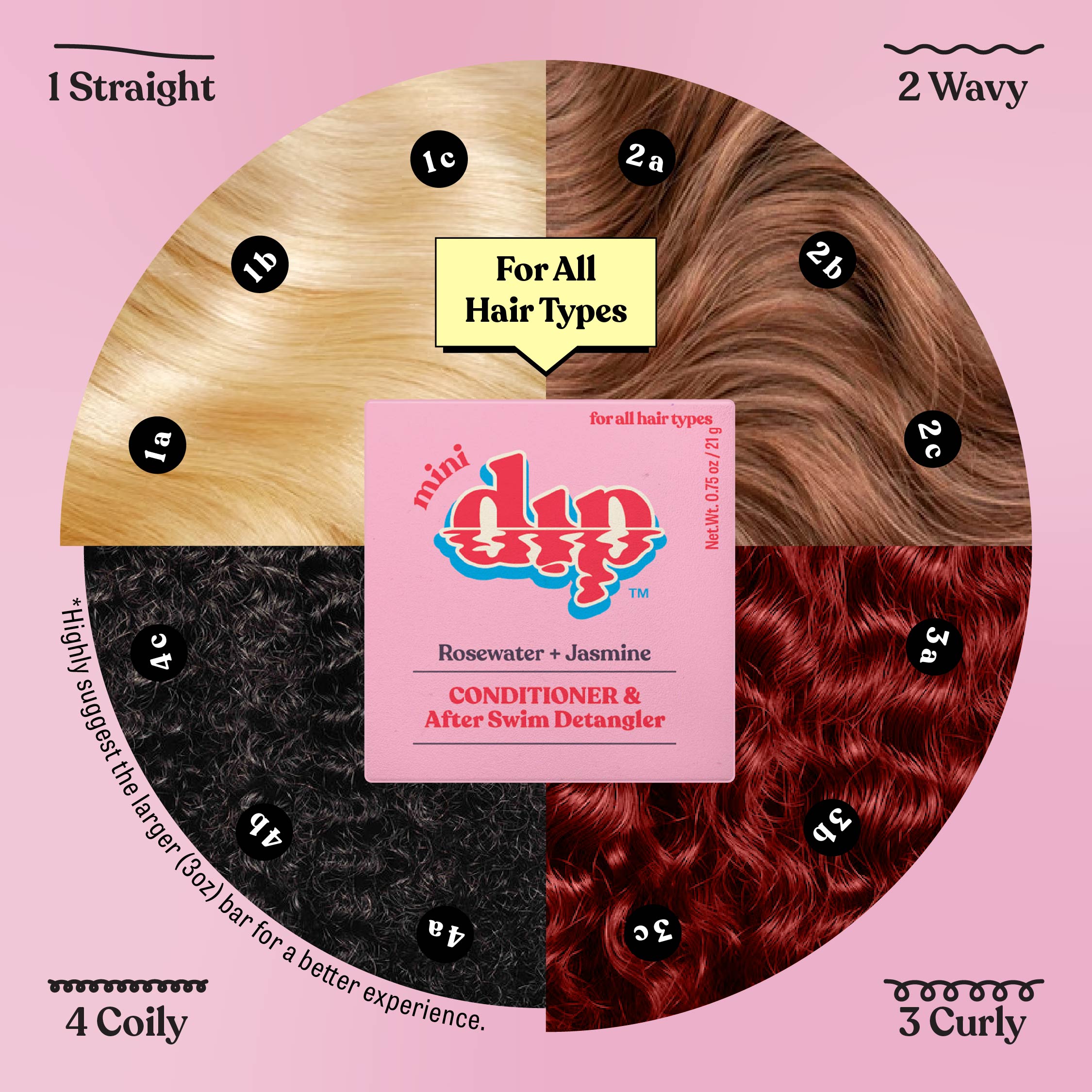 Hair type chart with different hair textures and a Mini Dip product in the center on a pink background.