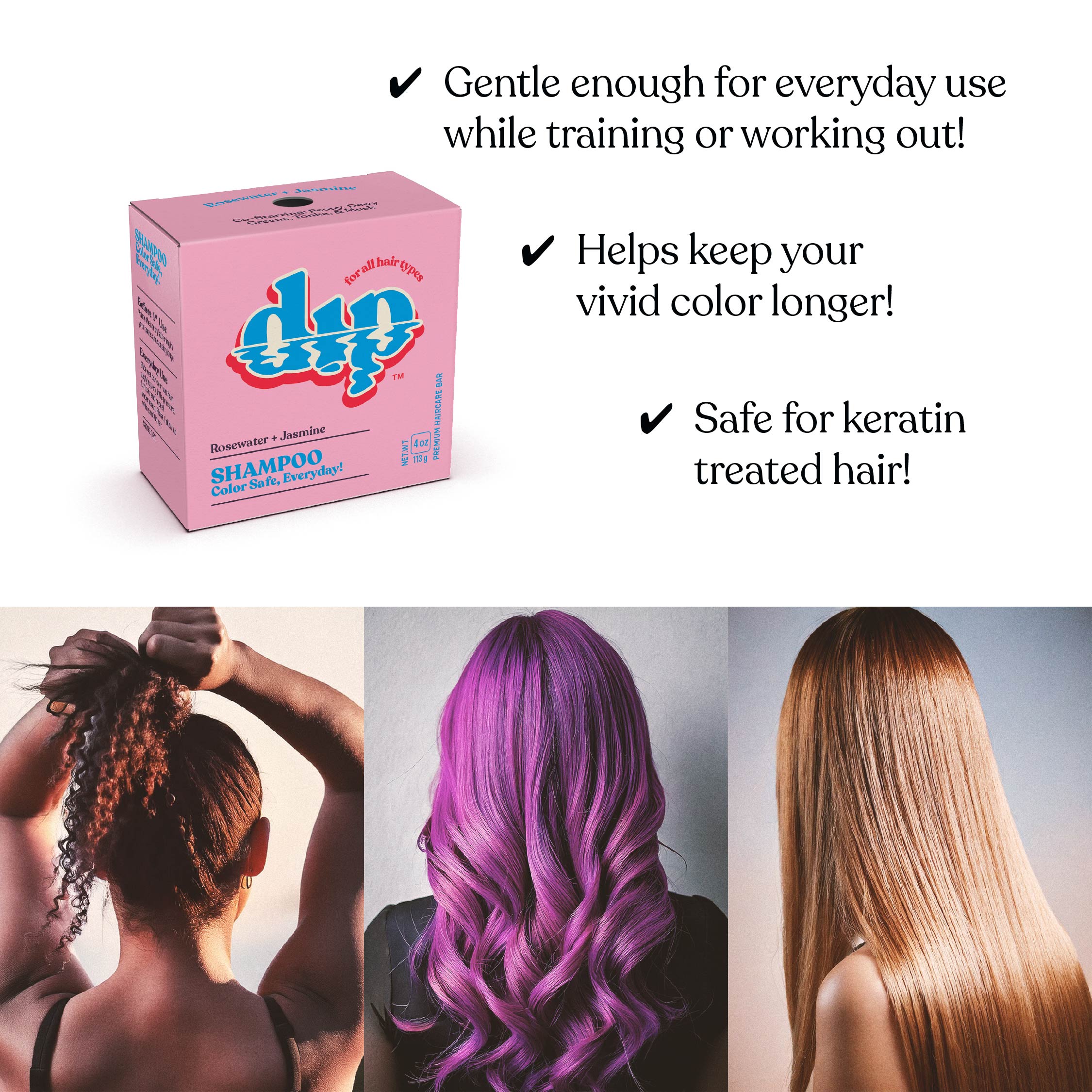 Din Aire shampoo box with hair care benefits and images of people with styled hair.