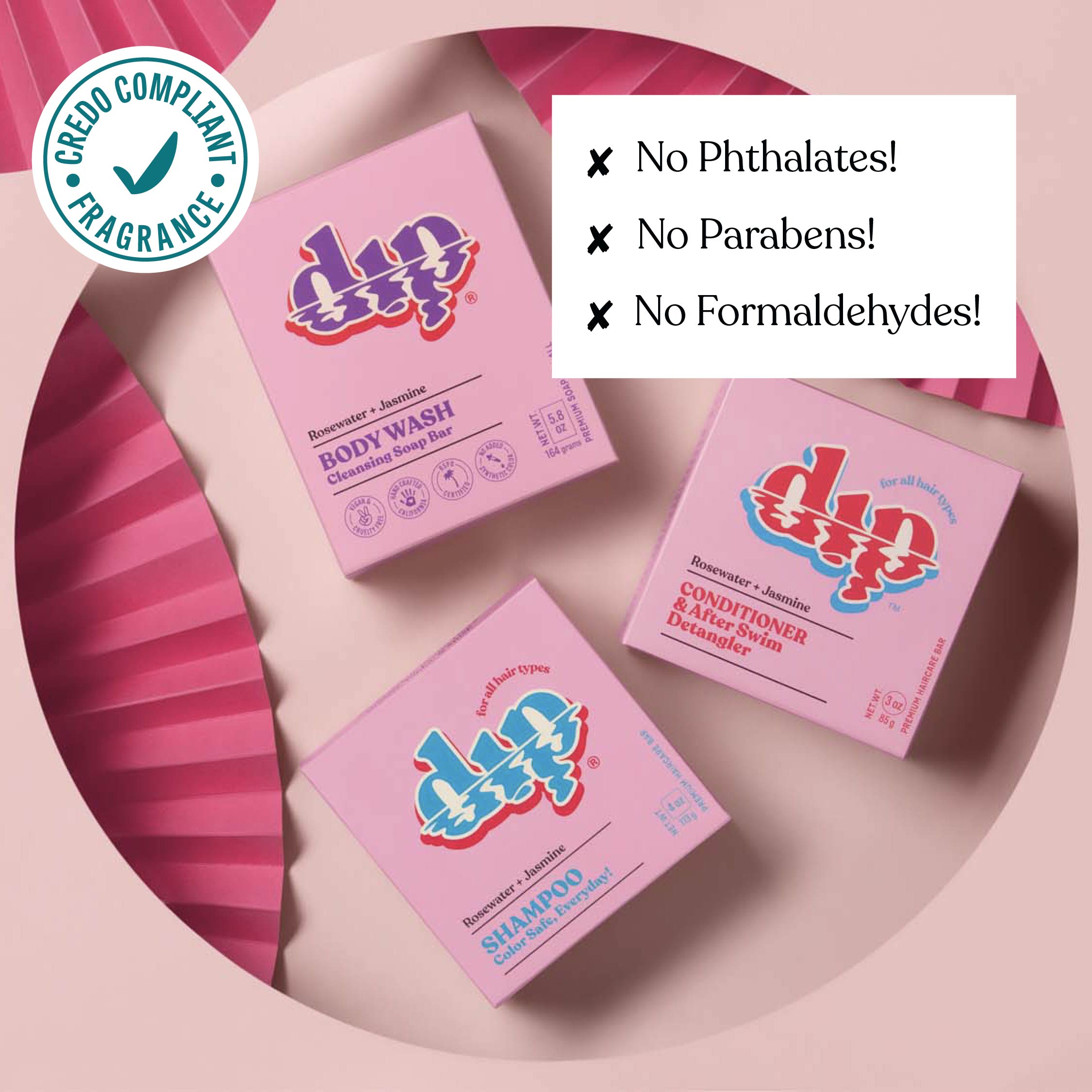 Pink boxes of Dap products on a pink background with green checkmark and text about product ingredients.