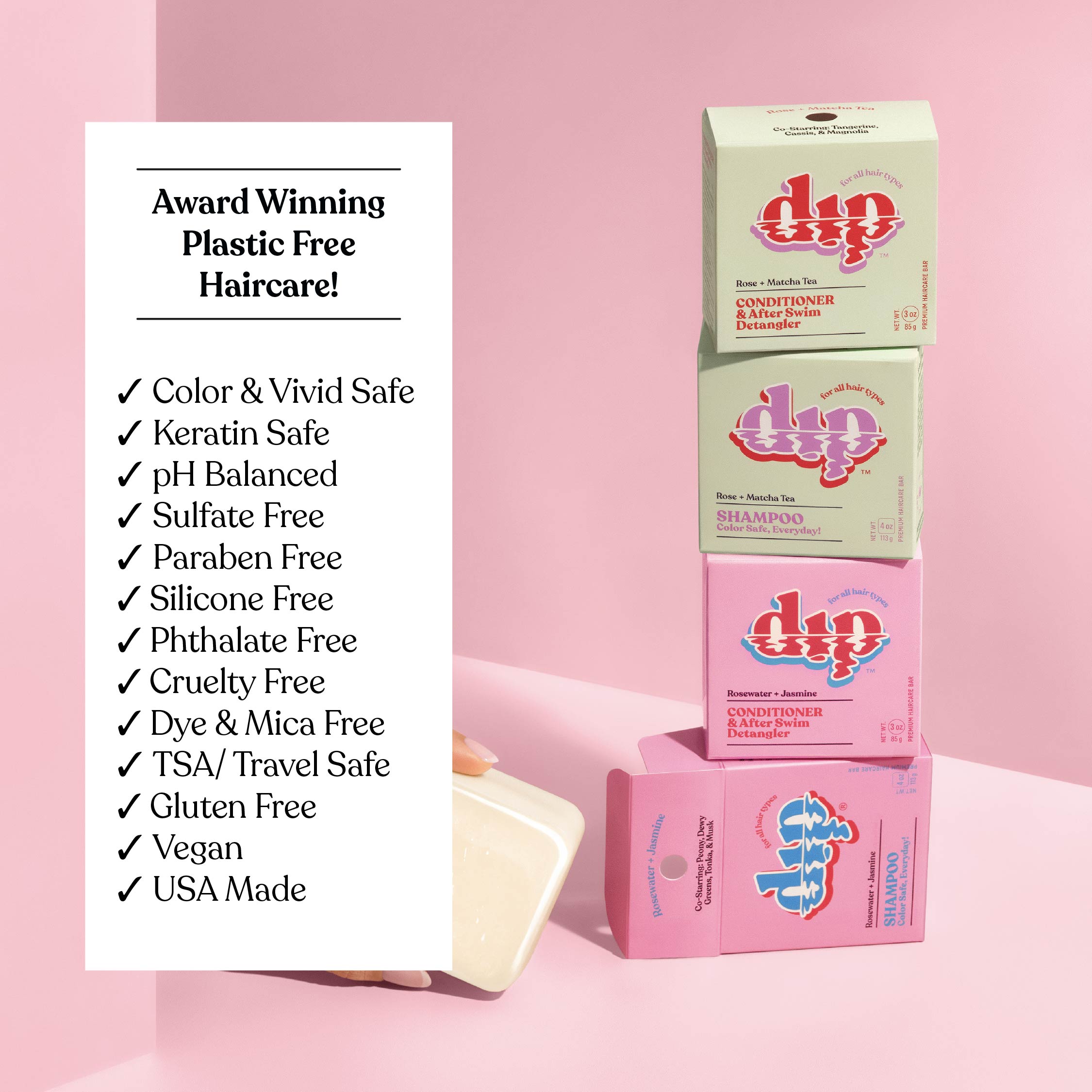 Stack of 'dip' hair care product boxes with a list of benefits on a pink background
