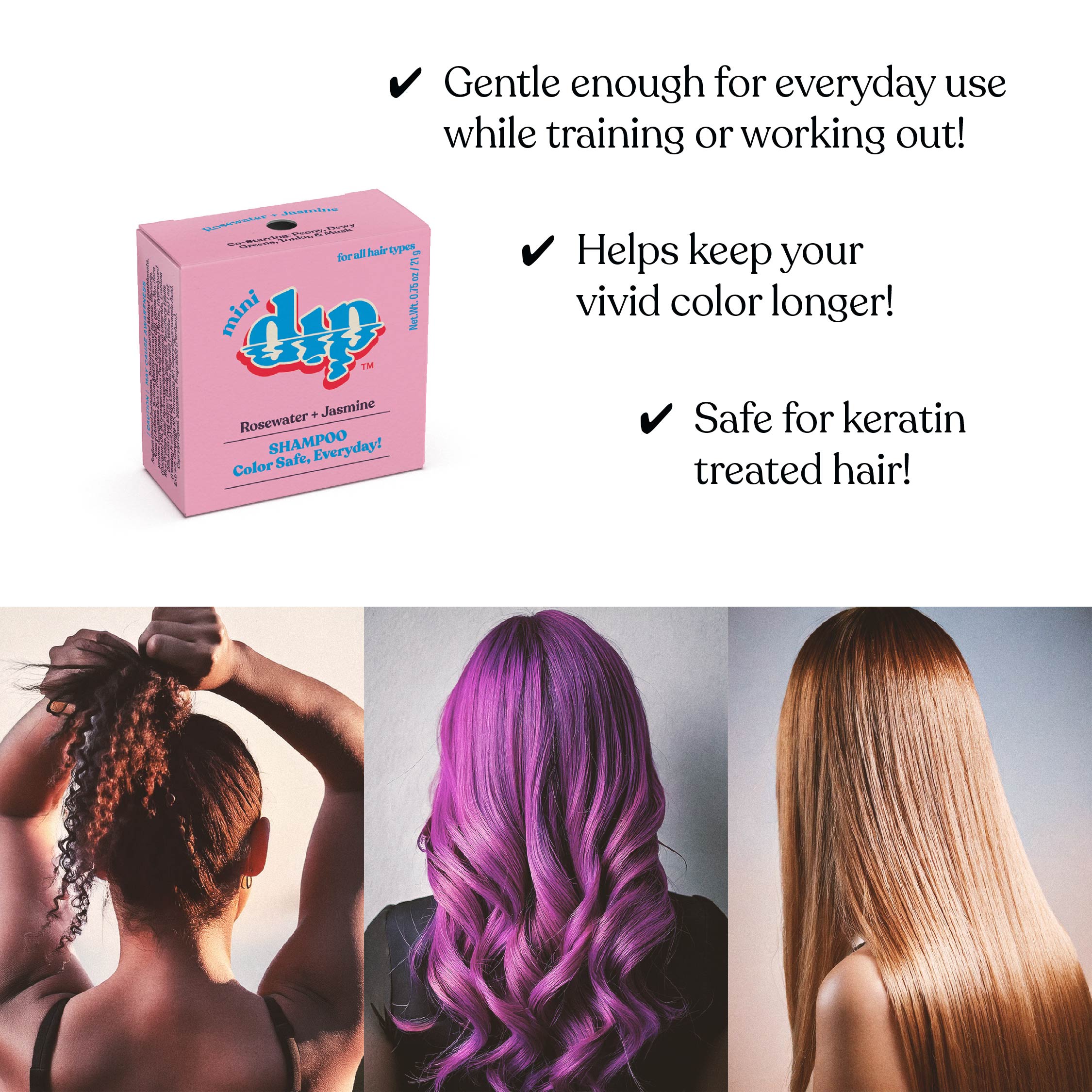 Pink box of Mad Dip shampoo with text about its benefits and images of people with colored hair.