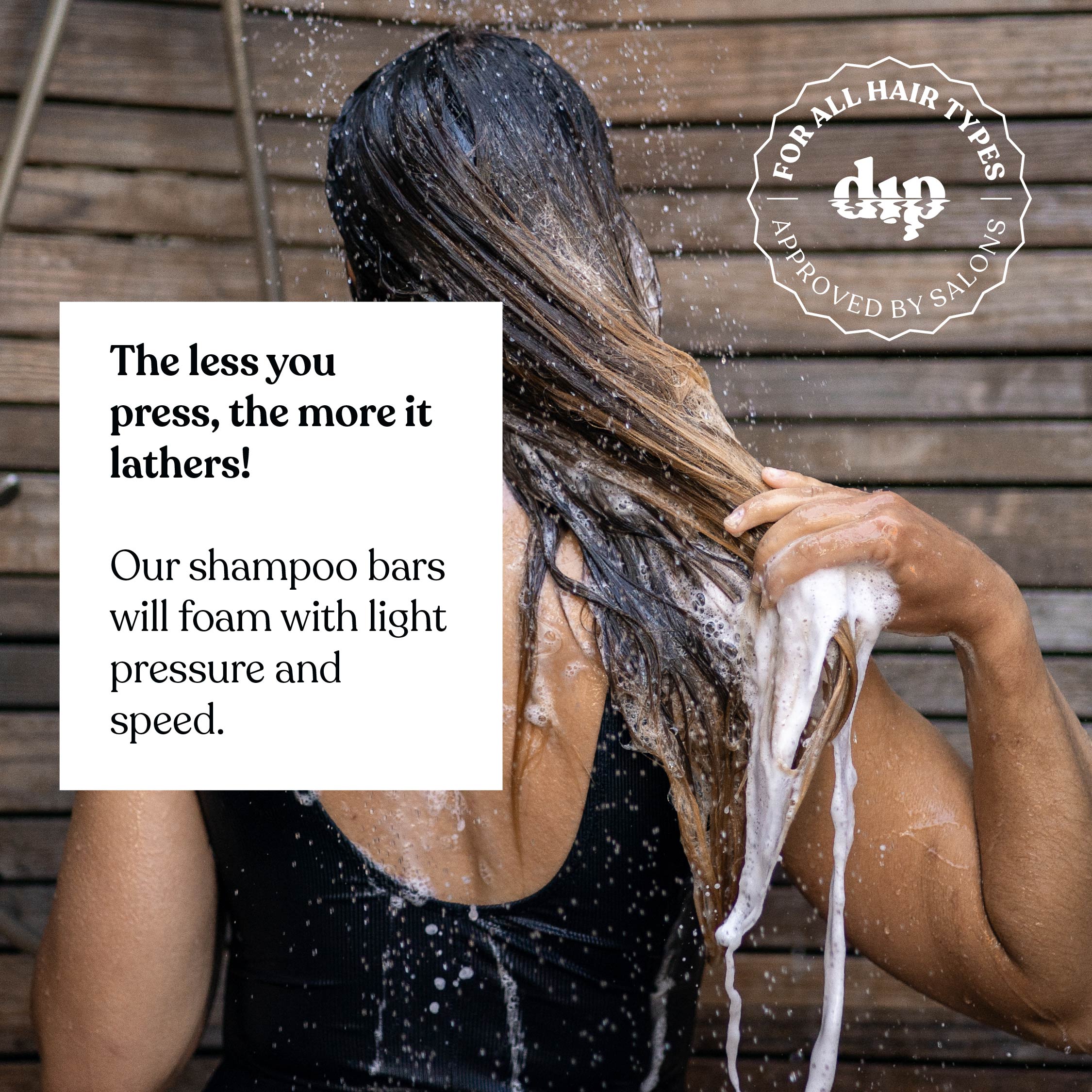 Person washing hair with shampoo bars, text about shampoo bars, and brand logo on a wooden background