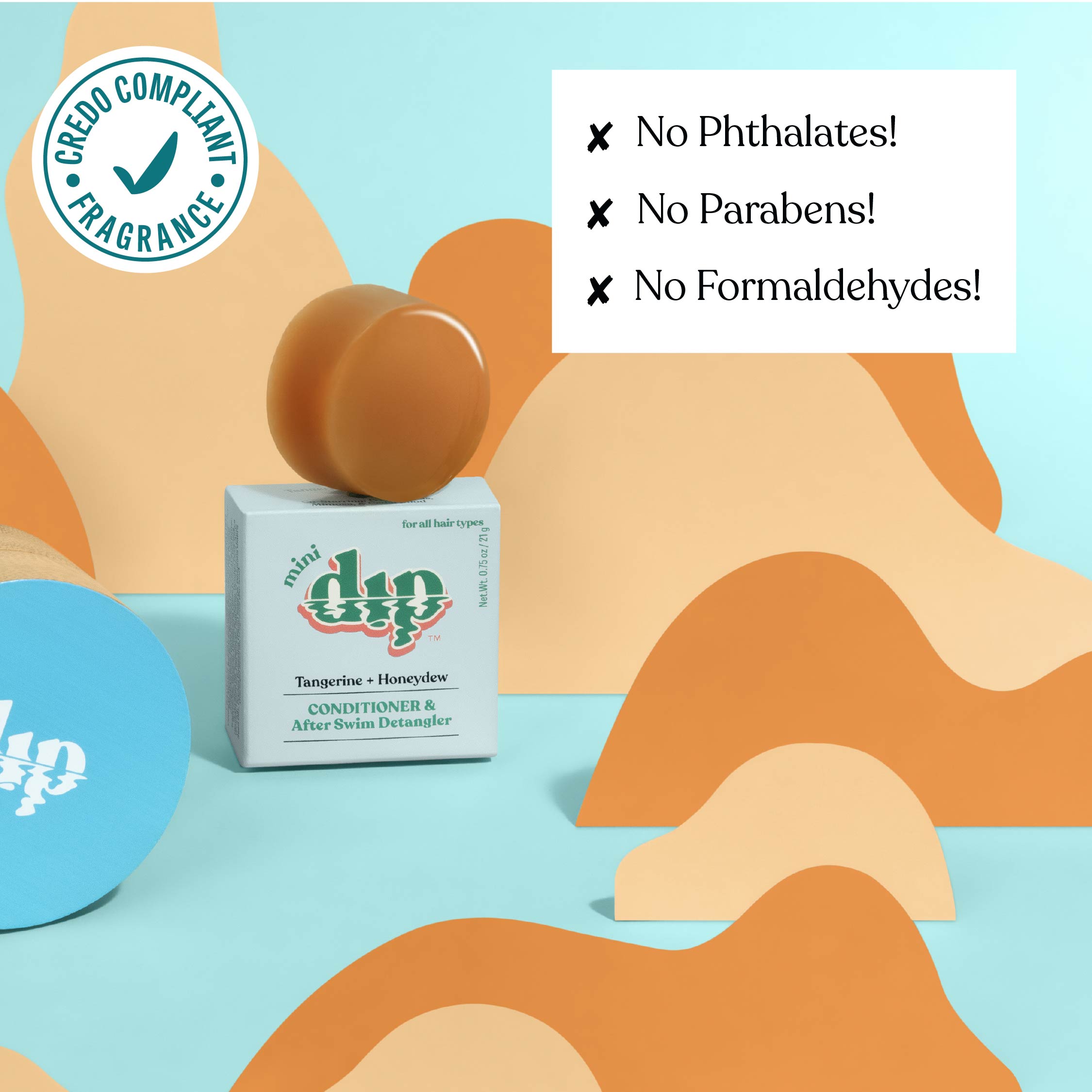 Product packaging with 'no phthalates', 'no parabens', and 'no formaldehydes' text on a colorful abstract background.