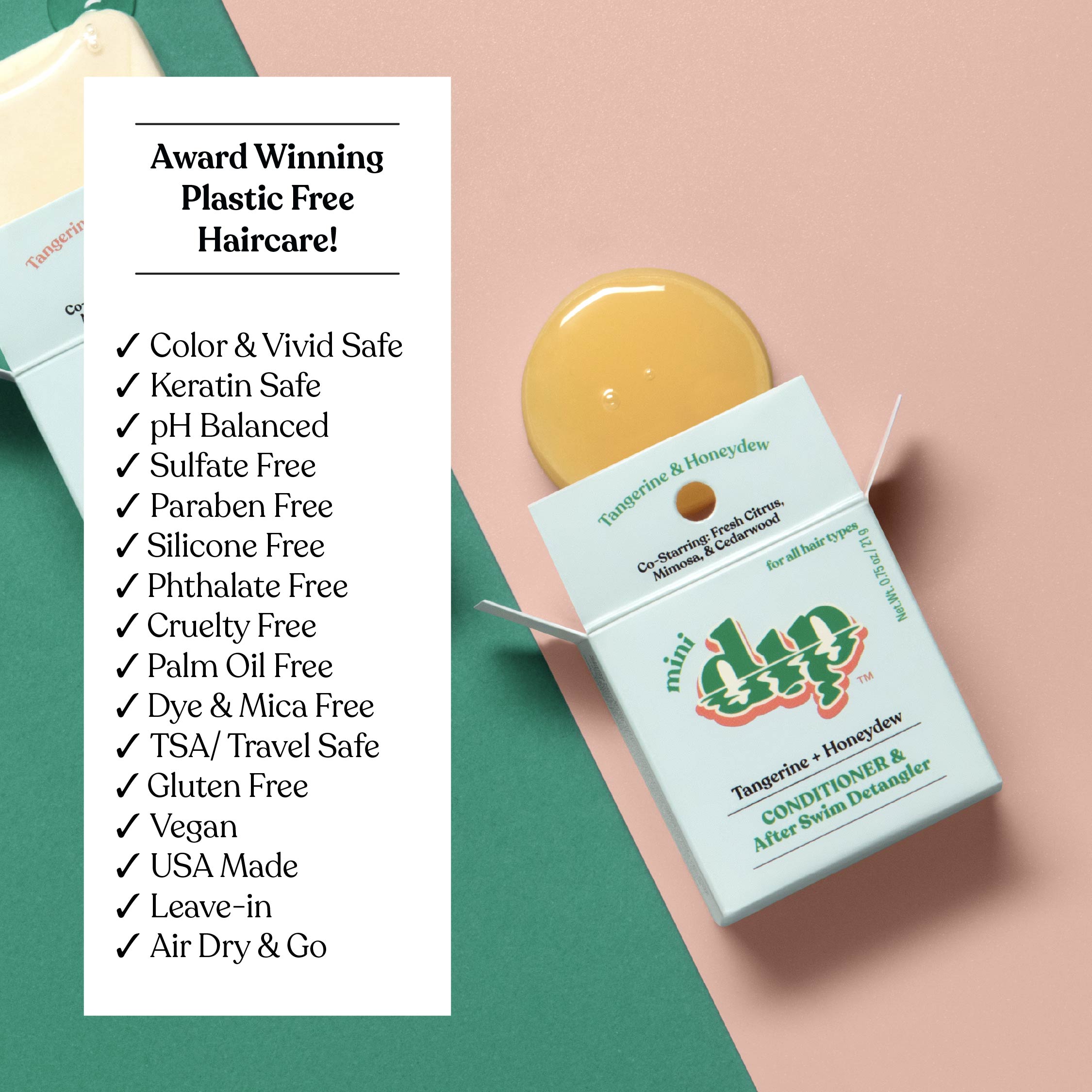 Box of hair care product with list of benefits on a colorful background