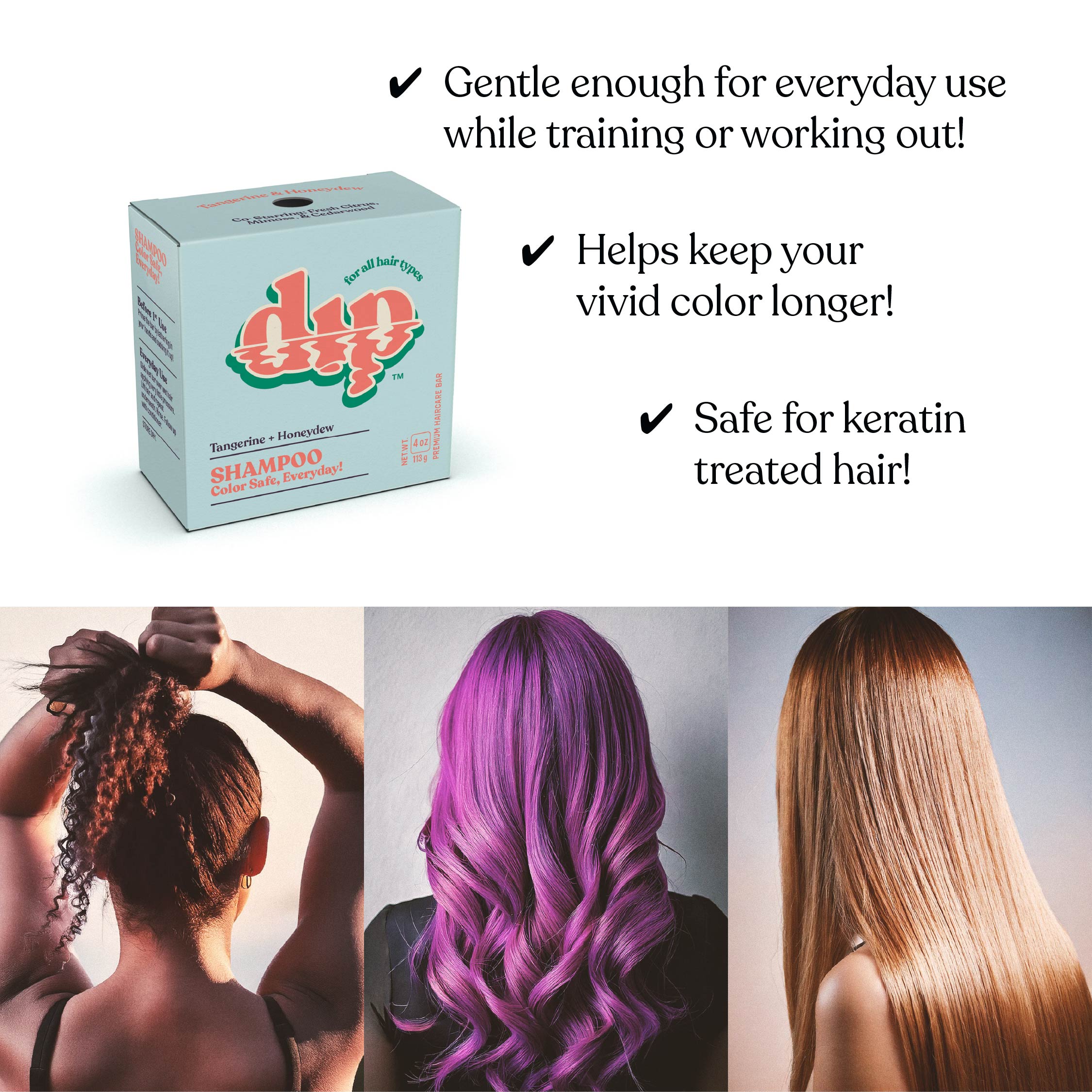 DHP shampoo box with hair care benefits and images of people with styled hair.
