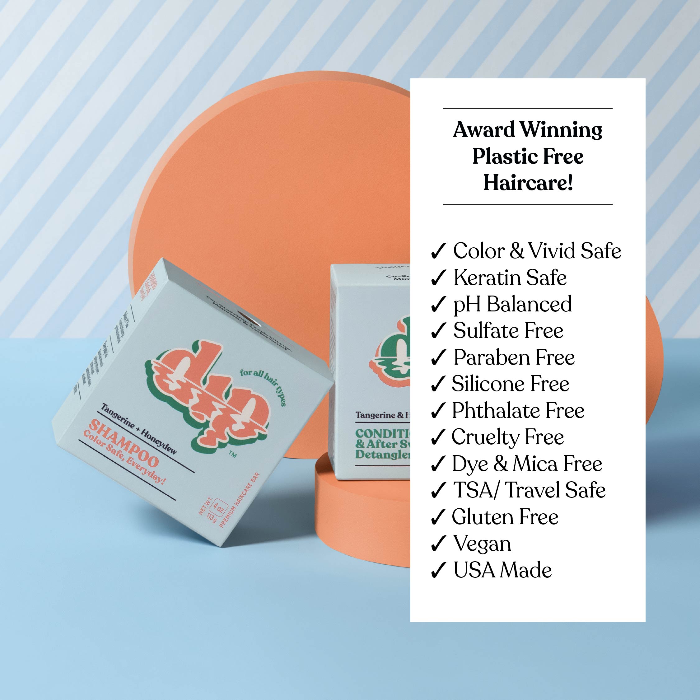 Two boxes of hair care products with a list of benefits on a blue and orange background