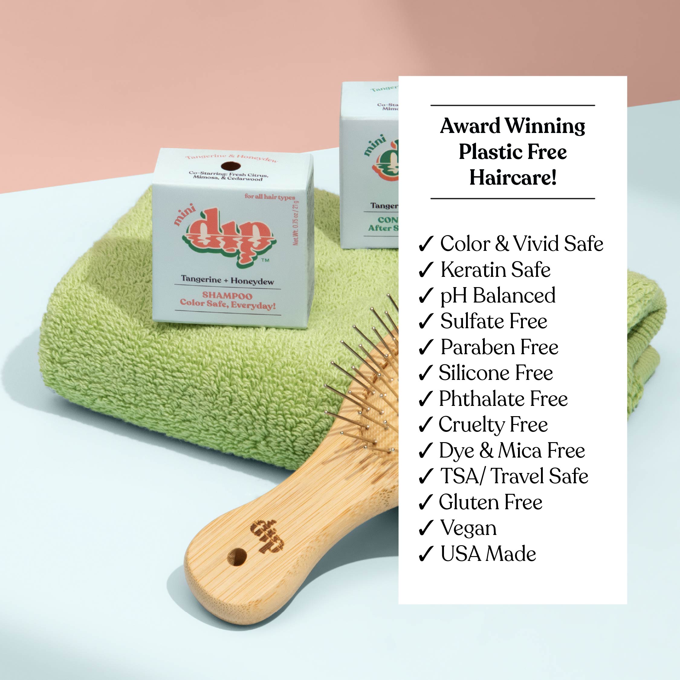 Dip shampoo box with a green towel and wooden brush on a light background
