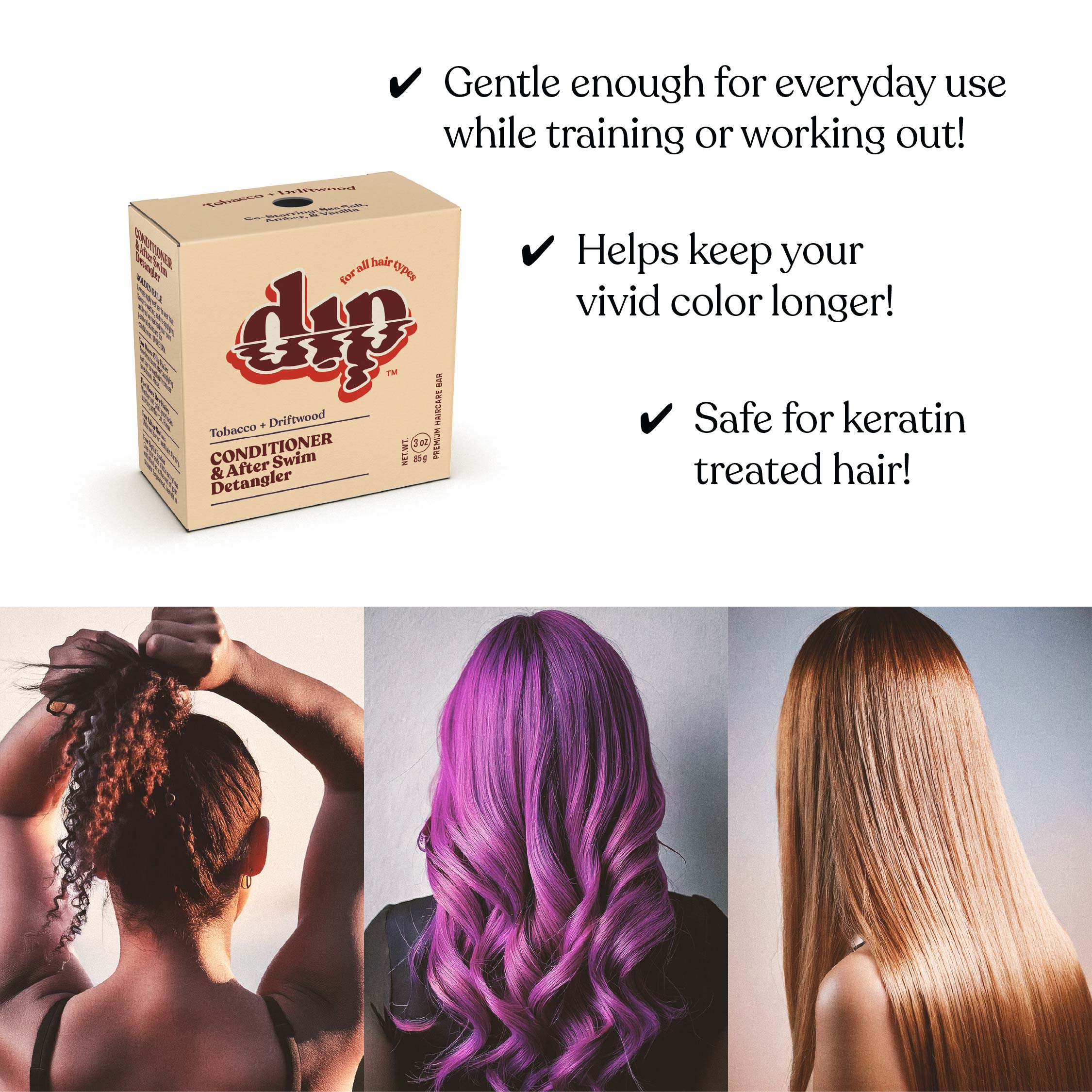 Dyngun hair care product box with text about its benefits and images of people with colored hair.