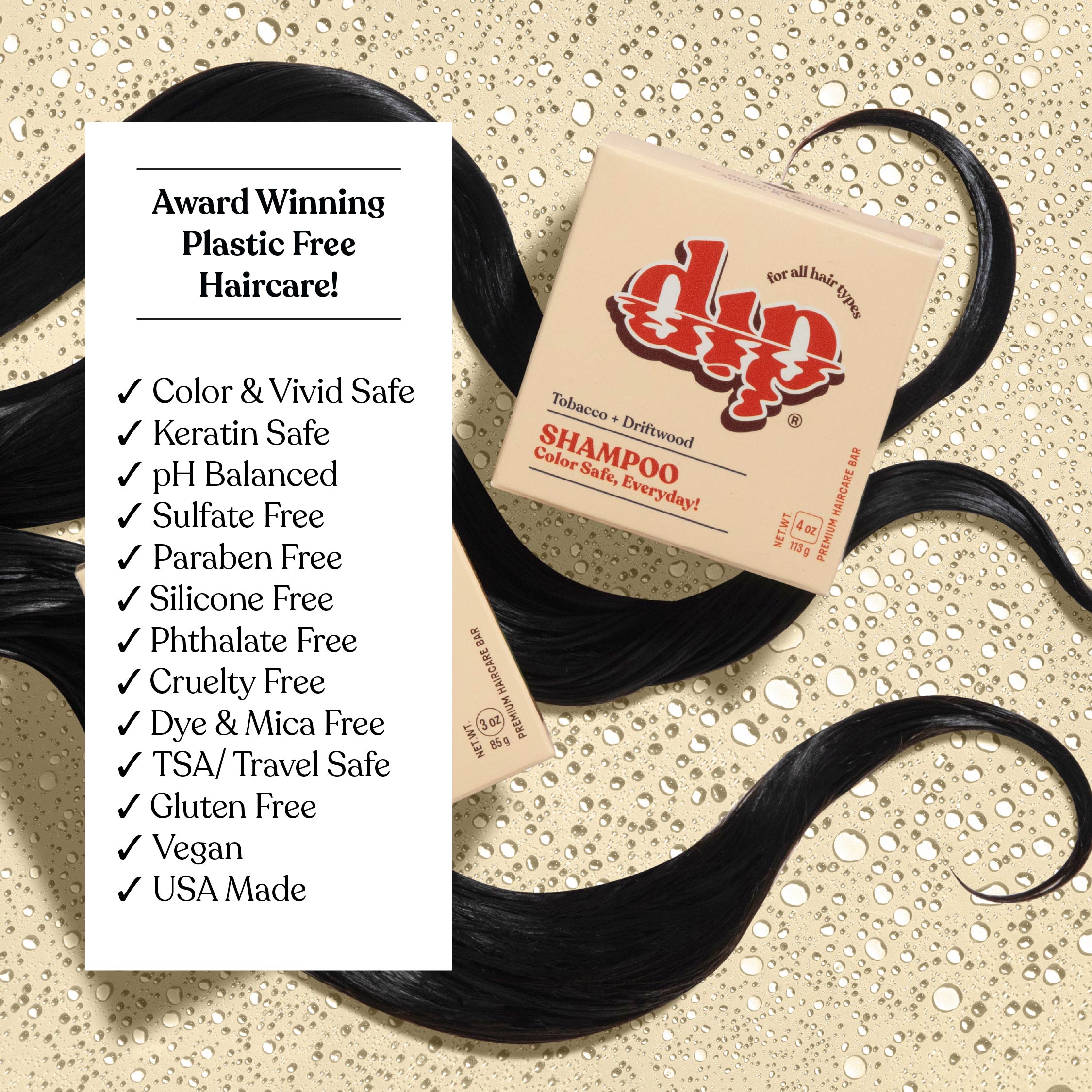 Shampoo bar with black hair extensions on a beige background with product details.