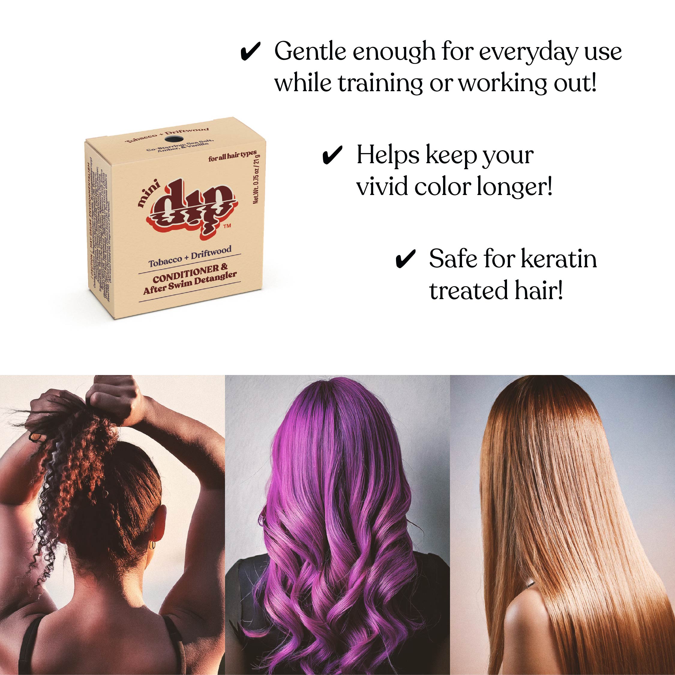 Dino Dip hair care product box with text about hair care benefits and images of people with colored hair.
