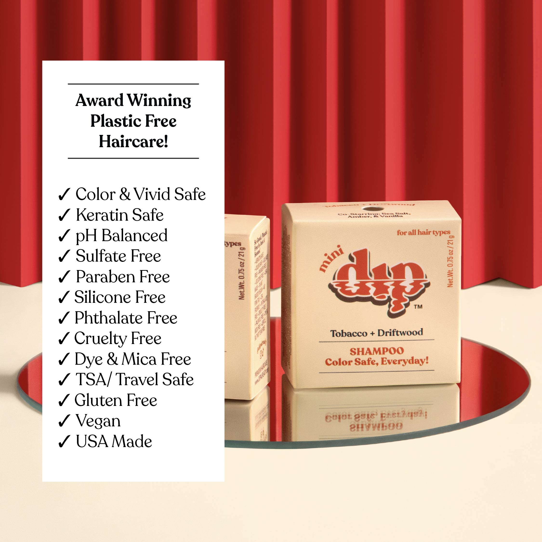 Dap shampoo box with product features listed on a red and beige background