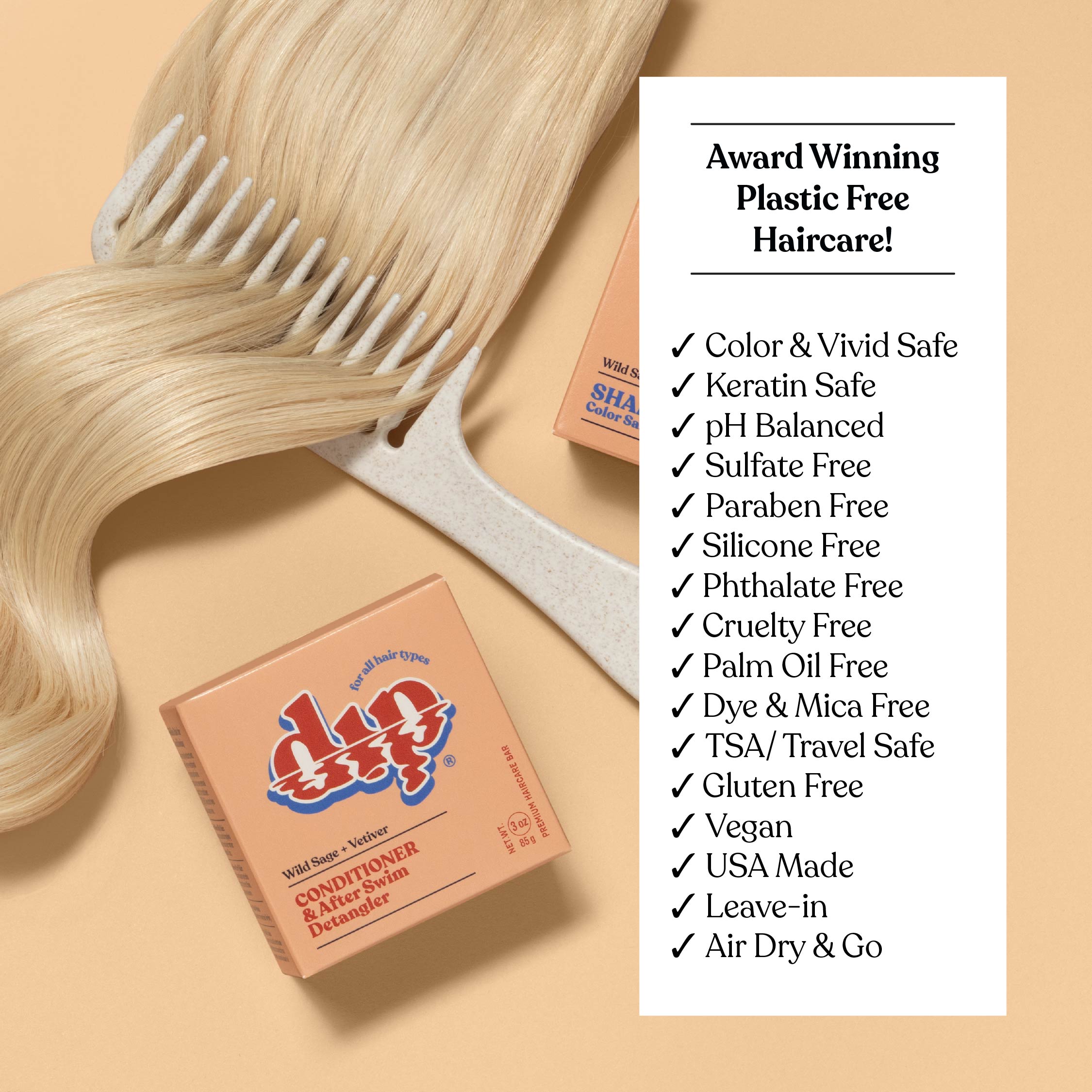 Hair care product packaging with a comb and blonde hair on a beige background, featuring an 'award-winning' label.