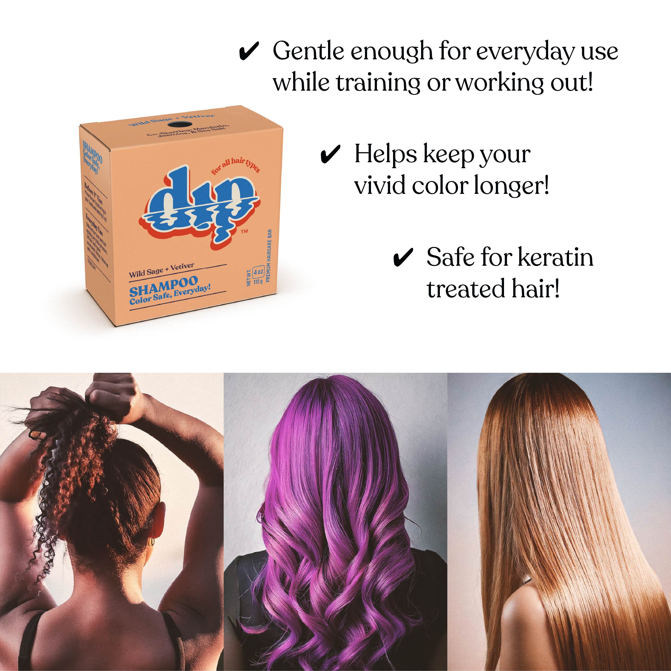 Dyin' Out shampoo box with hair care benefits and images of people with colored hair.