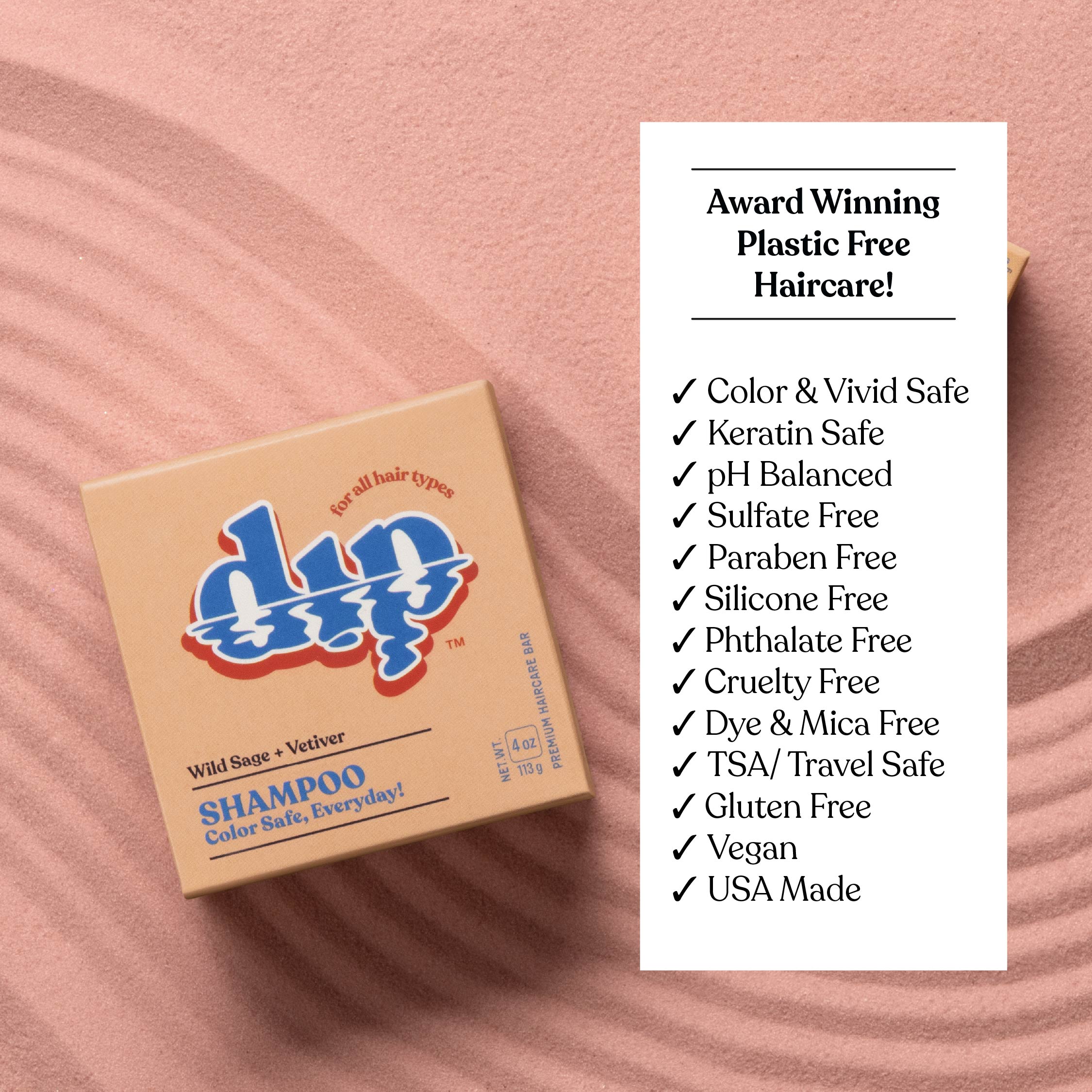 Box of 'Dip' shampoo with a list of product features on a pink background