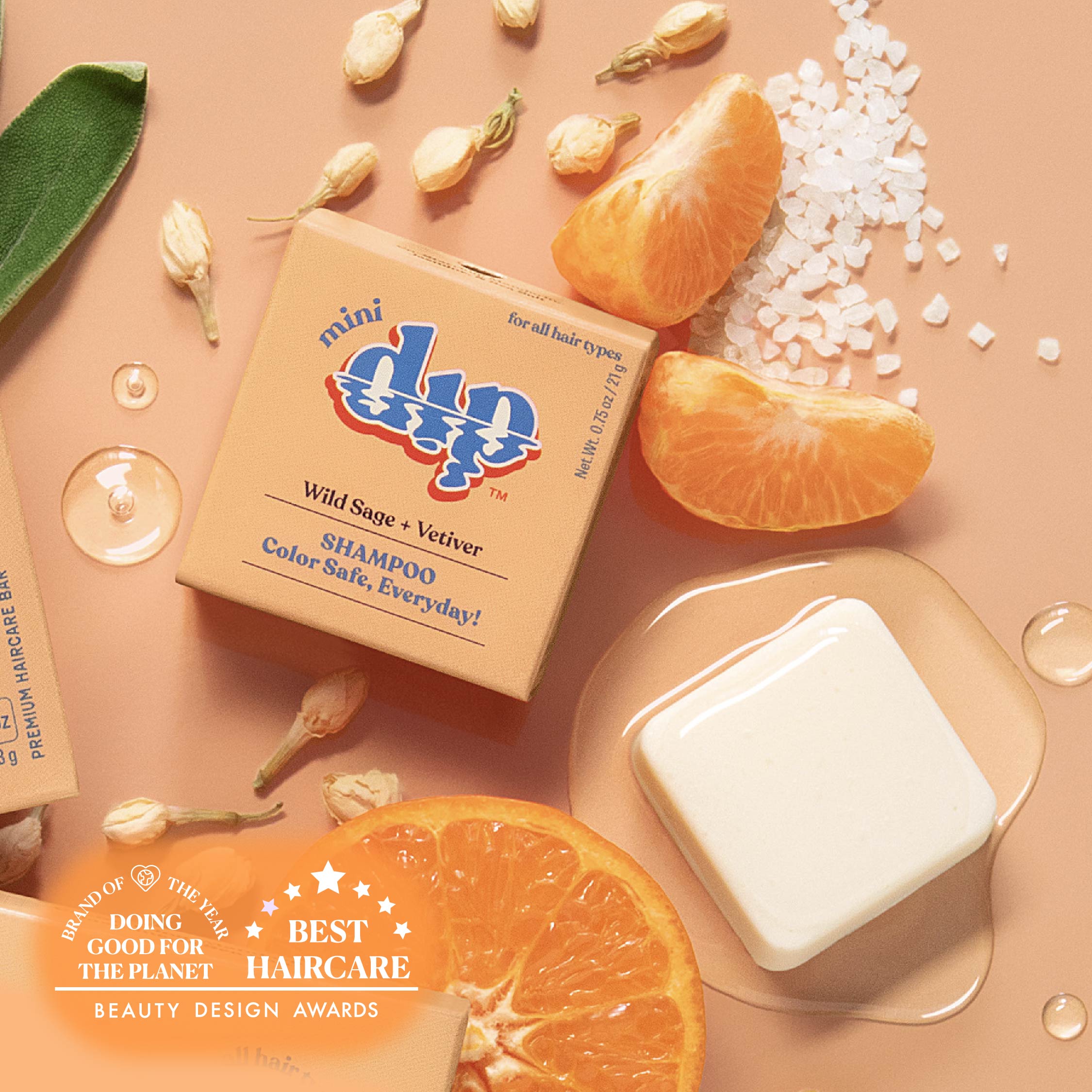 Dap shampoo bar with packaging, oranges, and herbs on a beige background