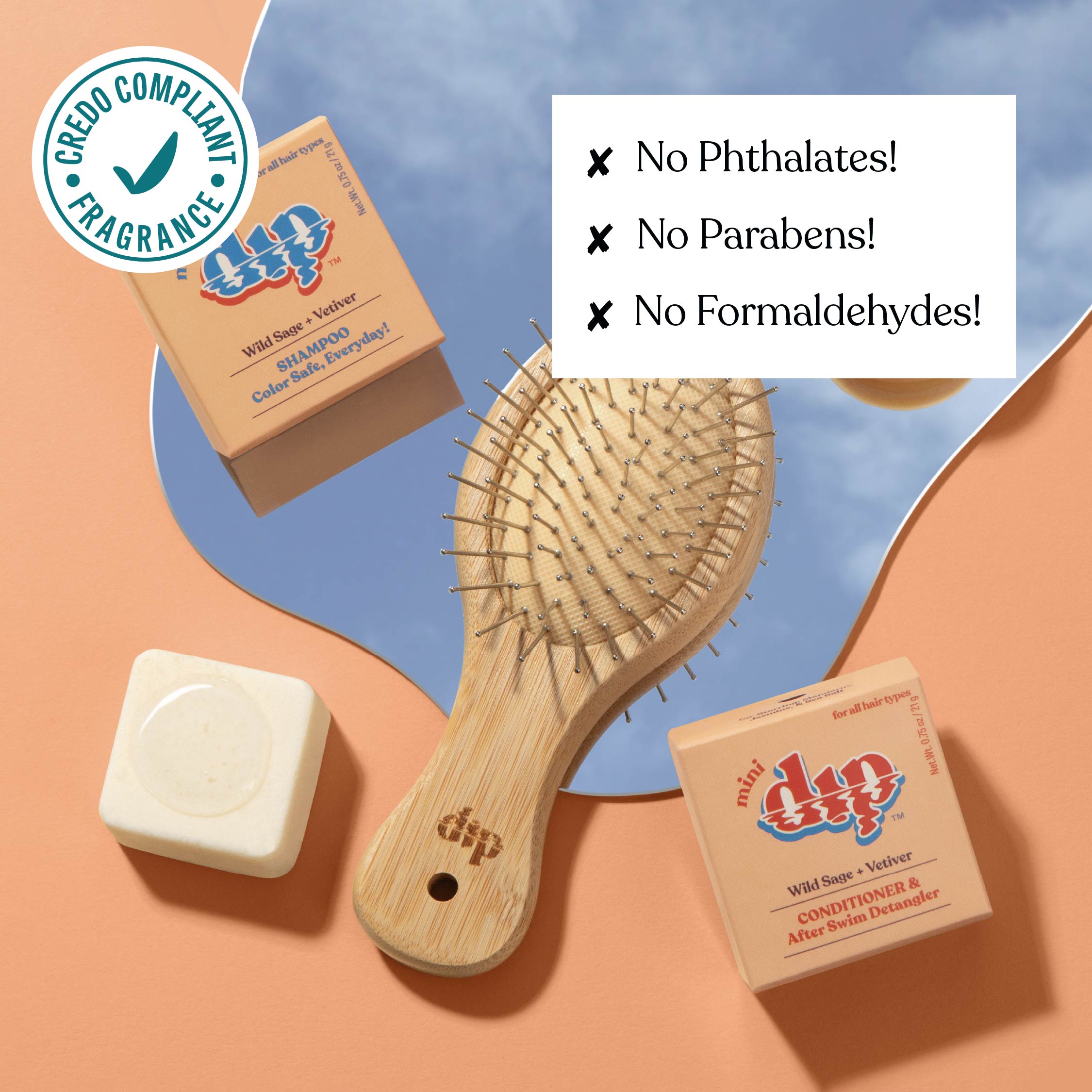 Wooden hairbrush, soap, and shampoo bars with 'no phthalates', 'no parabens', and 'no formaldehydes' text on a colorful background.