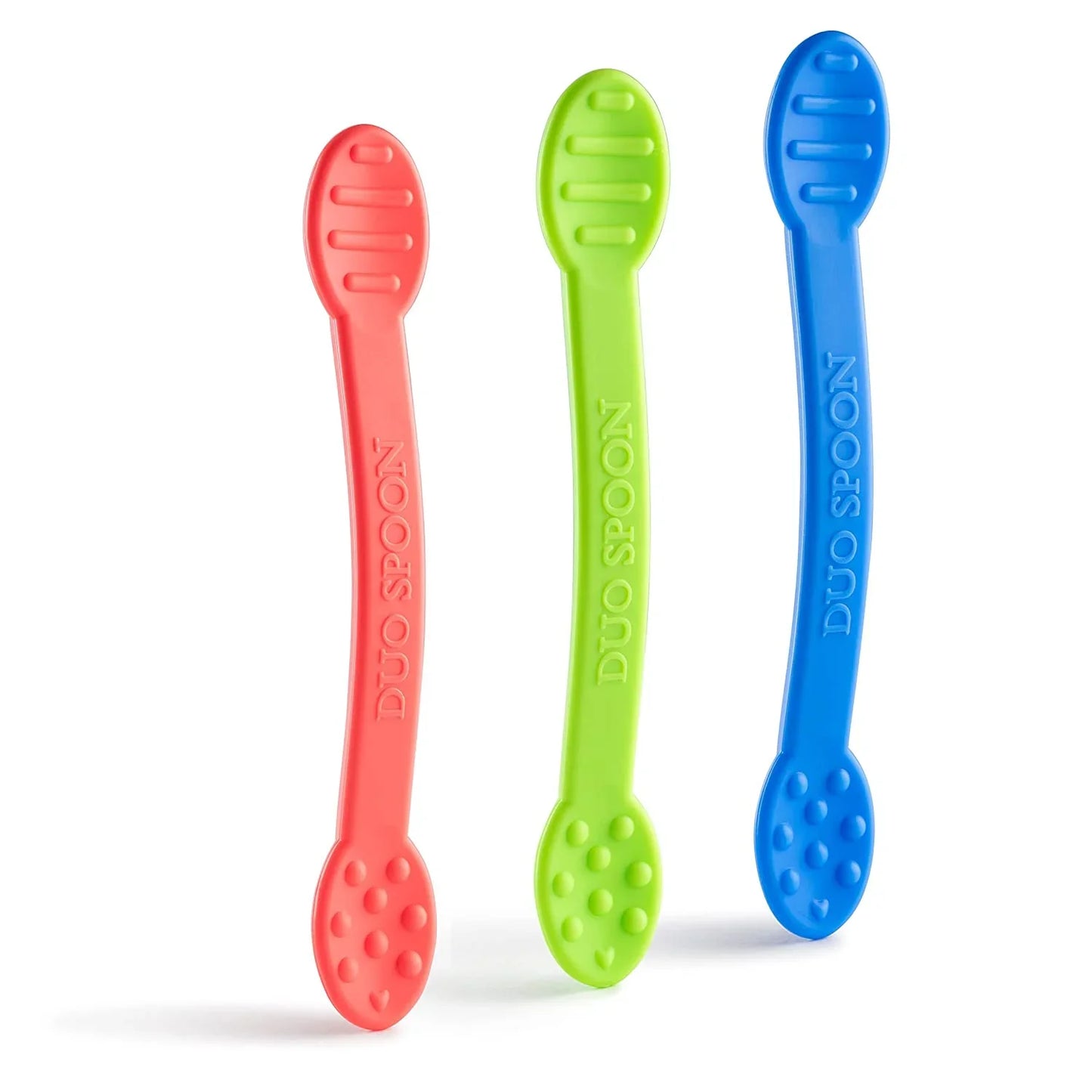 Set of three sensory Duo Spoons in red, green, and blue, textured for oral motor therapy.