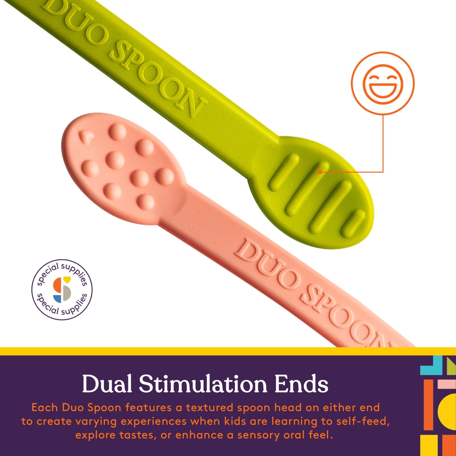 Two Duo Spoons, one green and one pink, with text about dual stimulation ends on a white background.