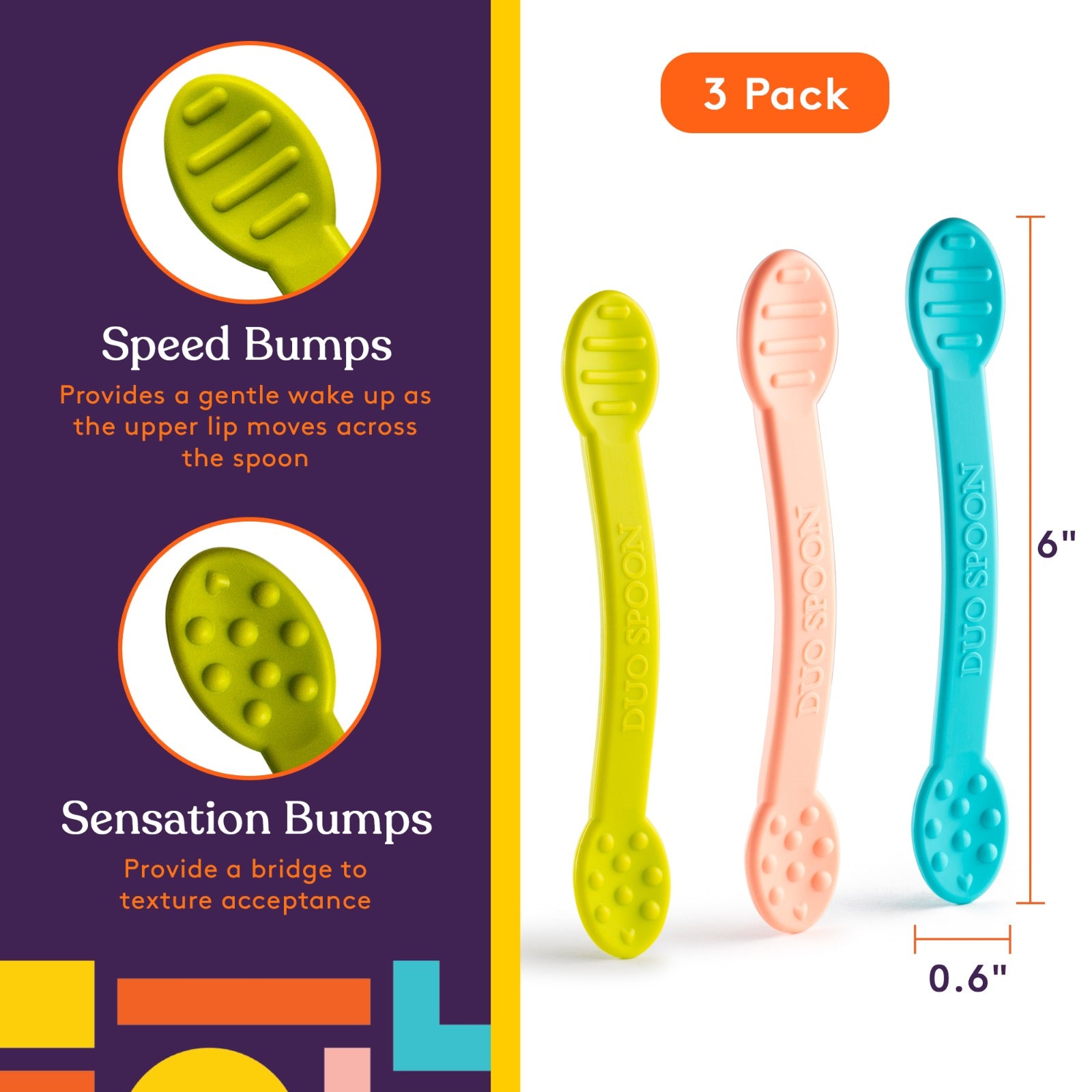 Three colorful baby spoons with text explaining 'Speed Bumps' and 'Sensation Bumps' on a purple and yellow background.