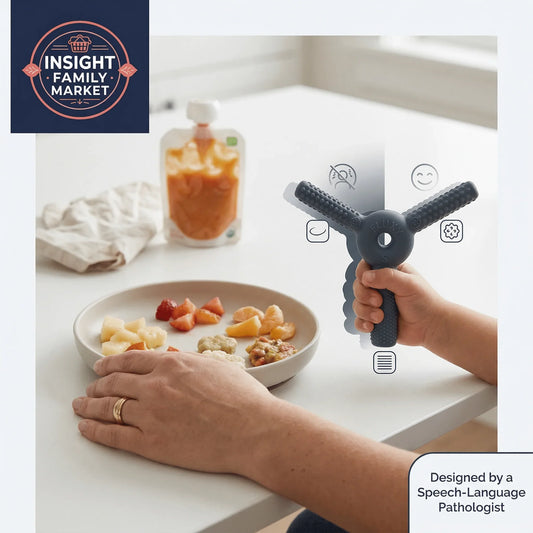 Child holding sensory chew toy at mealtime with plate of fruit and adult hand, calm eating support.
