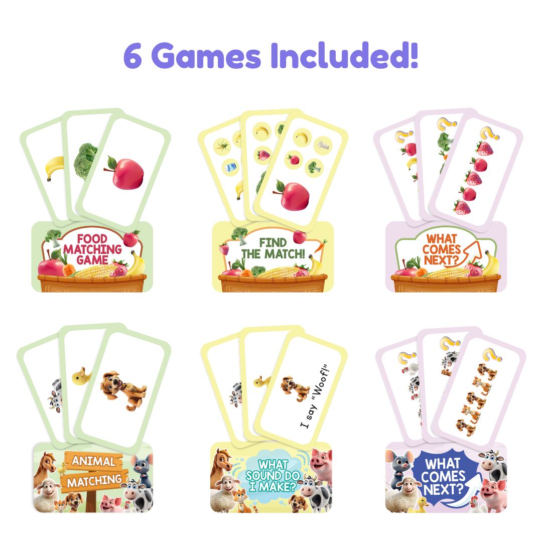 Set of educational children's cards with various games on a white background