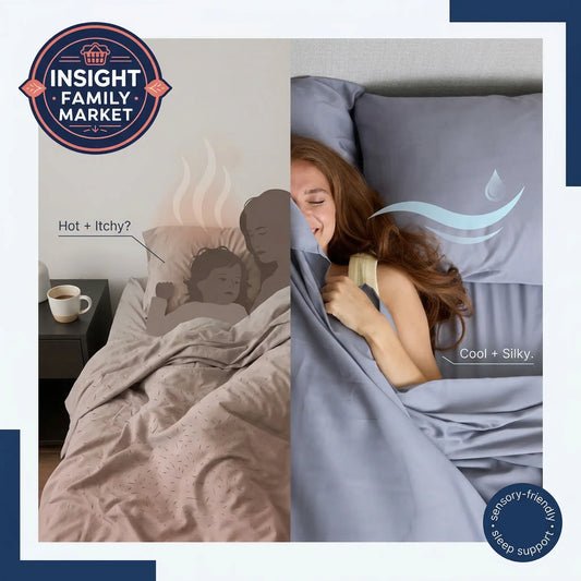 Two images showing a person under a hot, itchy blanket and a cool, silky blanket with 'Insight Family Market' branding.