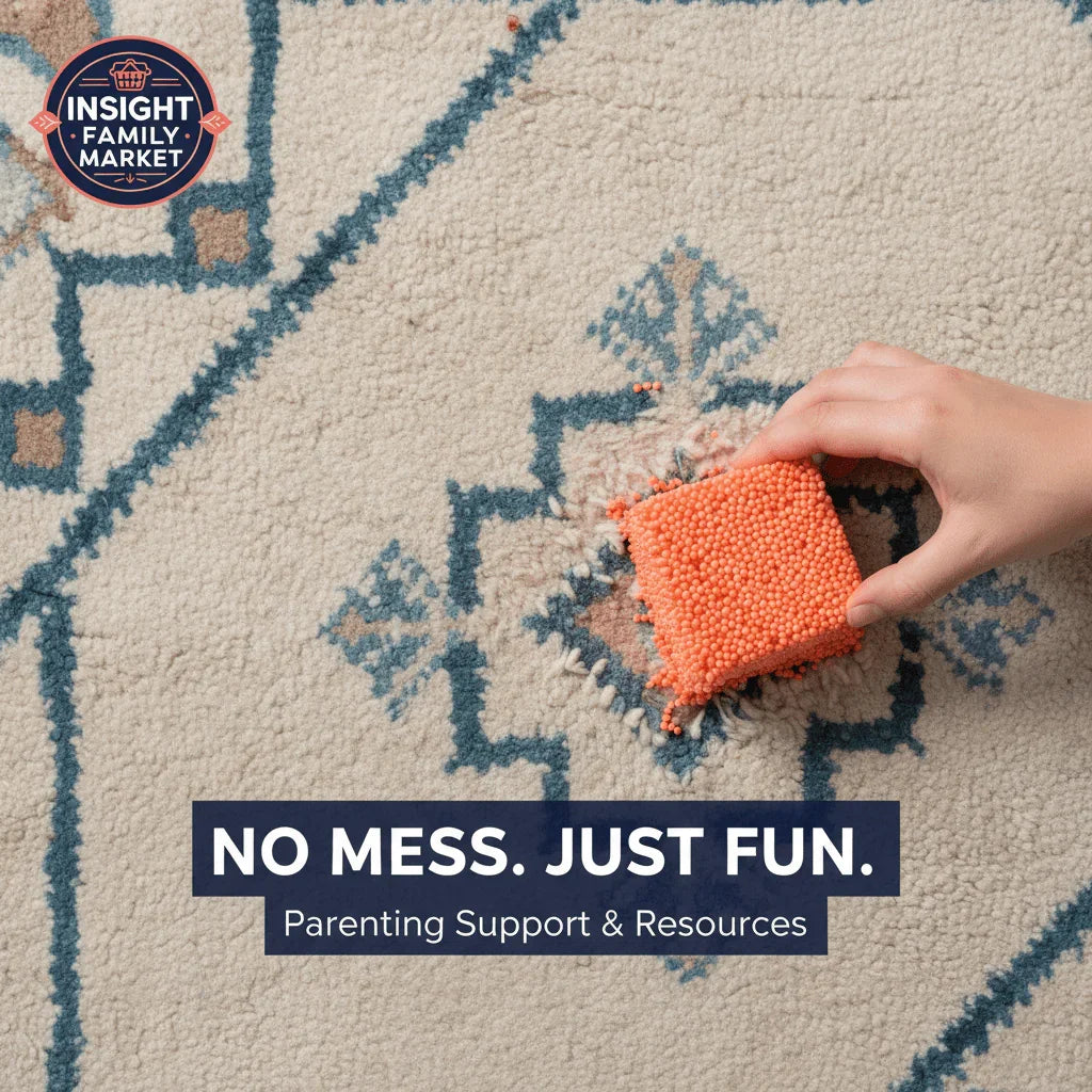 Child hand holding orange sensory foam on patterned carpet, mess-free sensory play