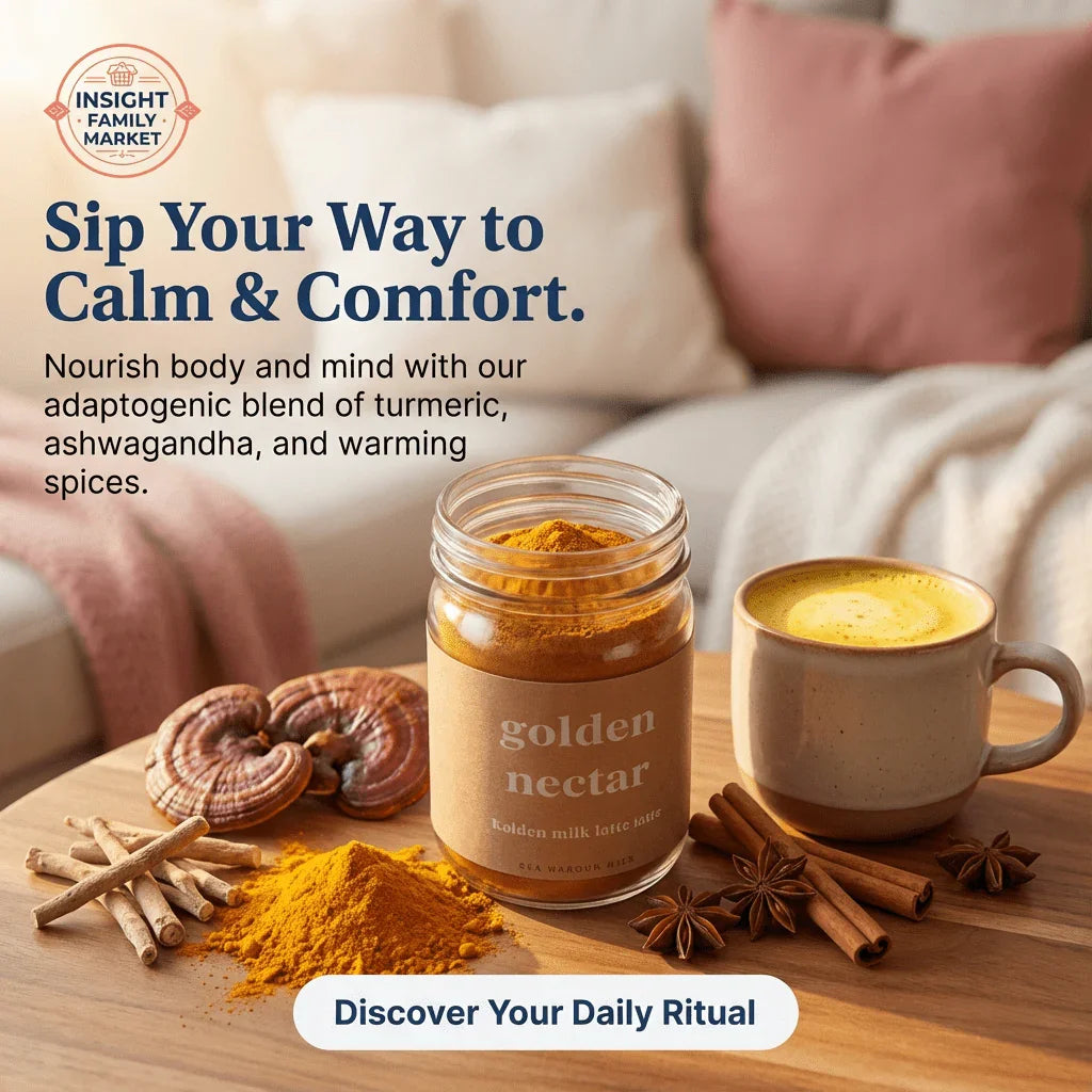 Golden milk latte powder with mug, turmeric, cinnamon, and cozy living room background.