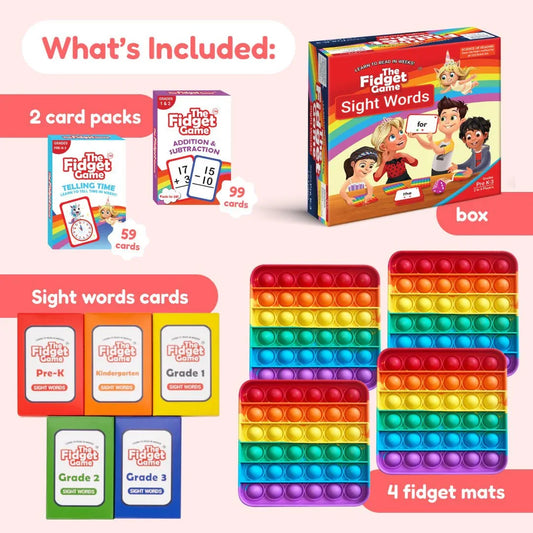 Educational fidget game set with sight word cards, math cards, and rainbow pop fidget mats