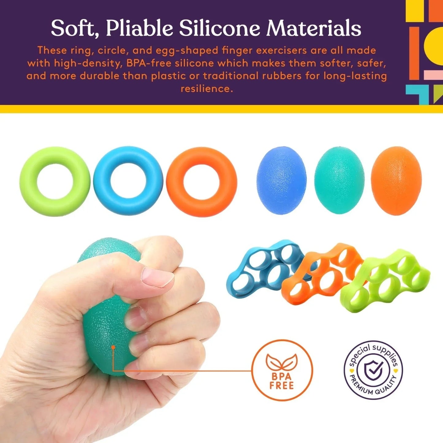 Hand squeezing teal silicone egg among colorful BPA-free hand therapy rings and finger exercisers.
