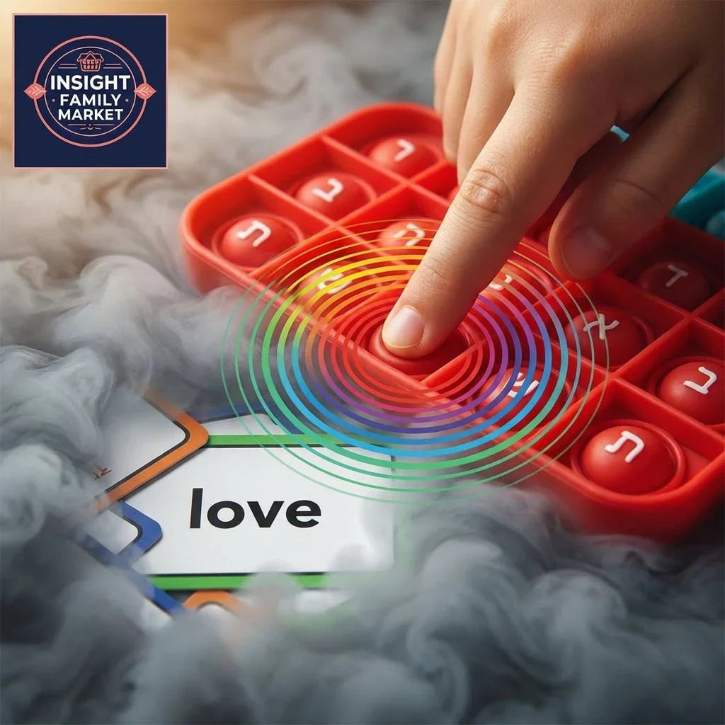 Child’s finger pressing red sensory popper near word card 'love', with mist and rainbow effect