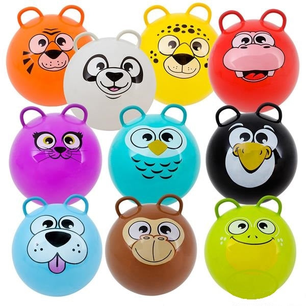 Set of colorful animal-themed bouncy balls on a white background